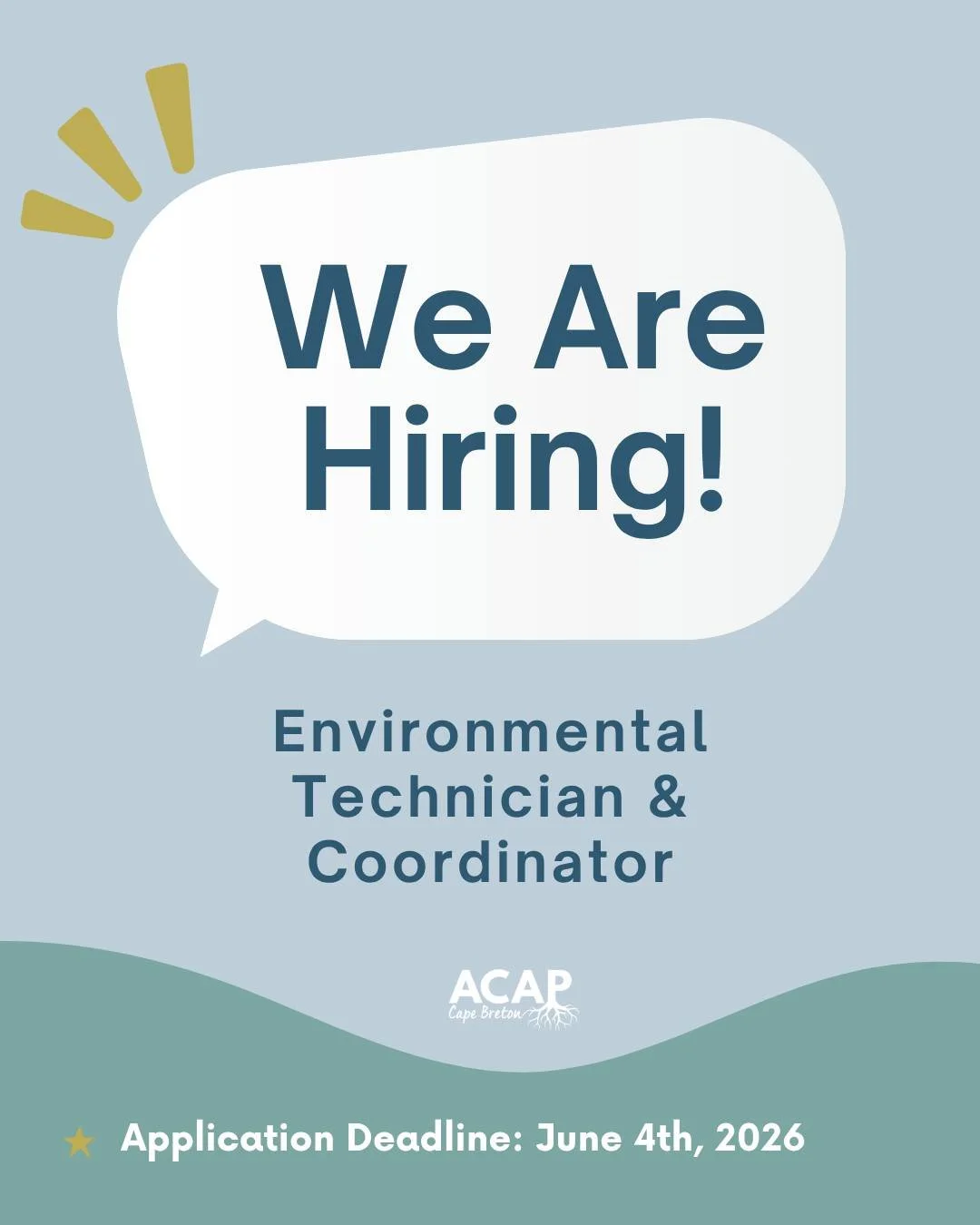 🔔Join our team!🔔

ACAP Cape Breton is hiring (1) Environmental Technician and (1) Environmental Coordinator for six month contracts. 

The Environmental Technician &amp; Environmental Coordinator will work collaboratively with ACAP Cape Breton staf