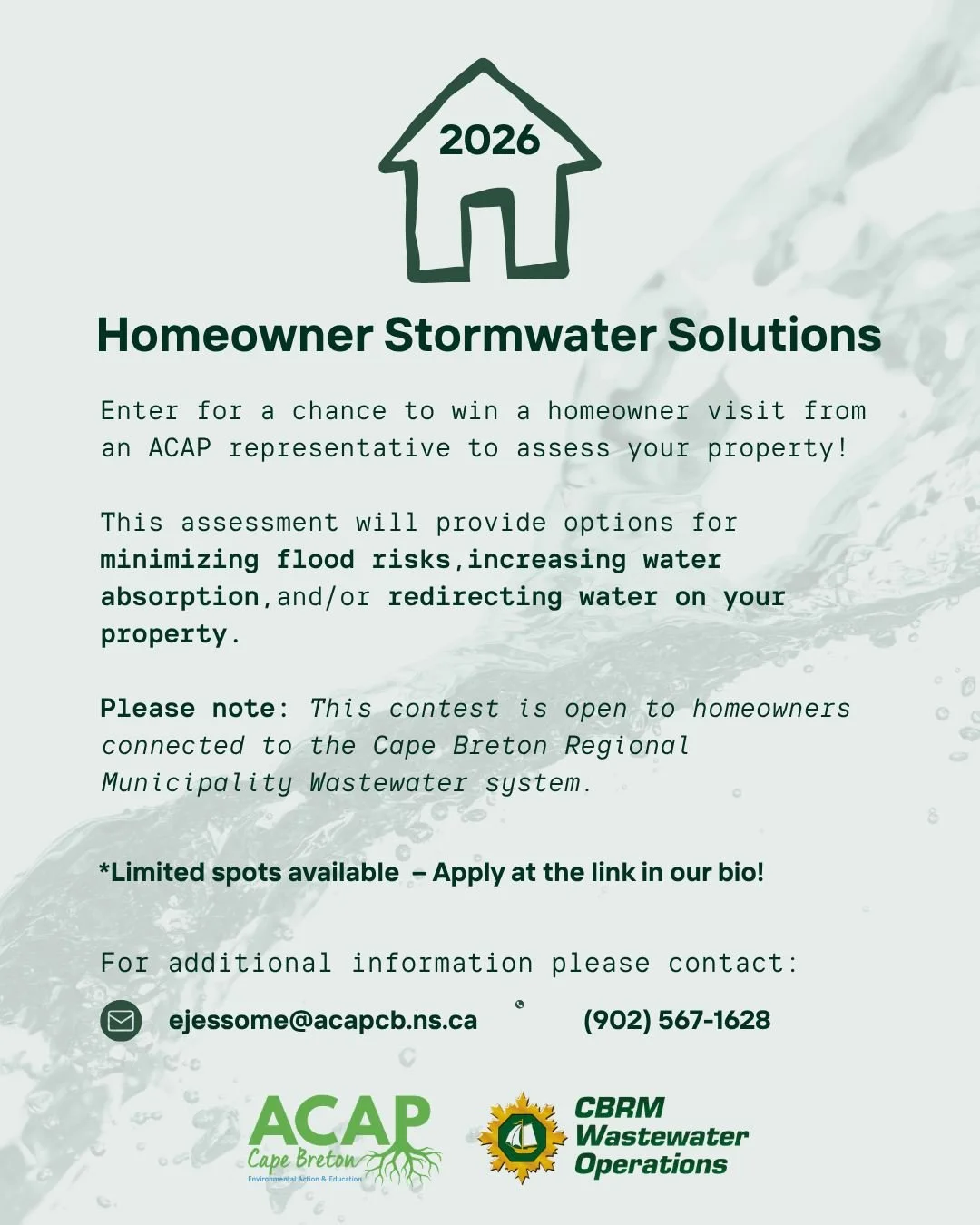 🔔Friendly Reminder!🔔

Are you connected to the CBRM wastewater system and experiencing flooding? If so, enter for a chance to win a homeowner visit from an ACAP representative to assess your property! 🔎

This assessment will provide options for:

