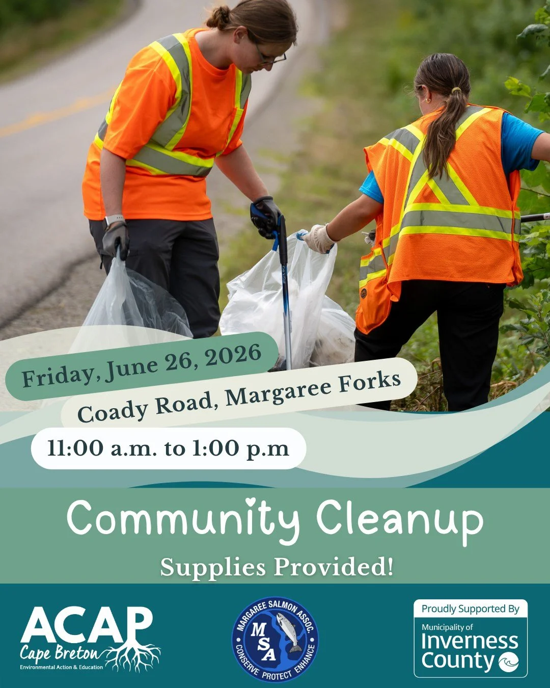 ACAP Cape Breton is excited to announce a Coady Road Cleanup in Margaree Forks!

📆Date: Friday, June 26, 2026
🕗Time: 11:00 a.m. to 1:00 p.m.
📍Location: Meet at the Coady Road entrance off the Cabot Trail, Margaree Forks.

Supplies are provided. Pl