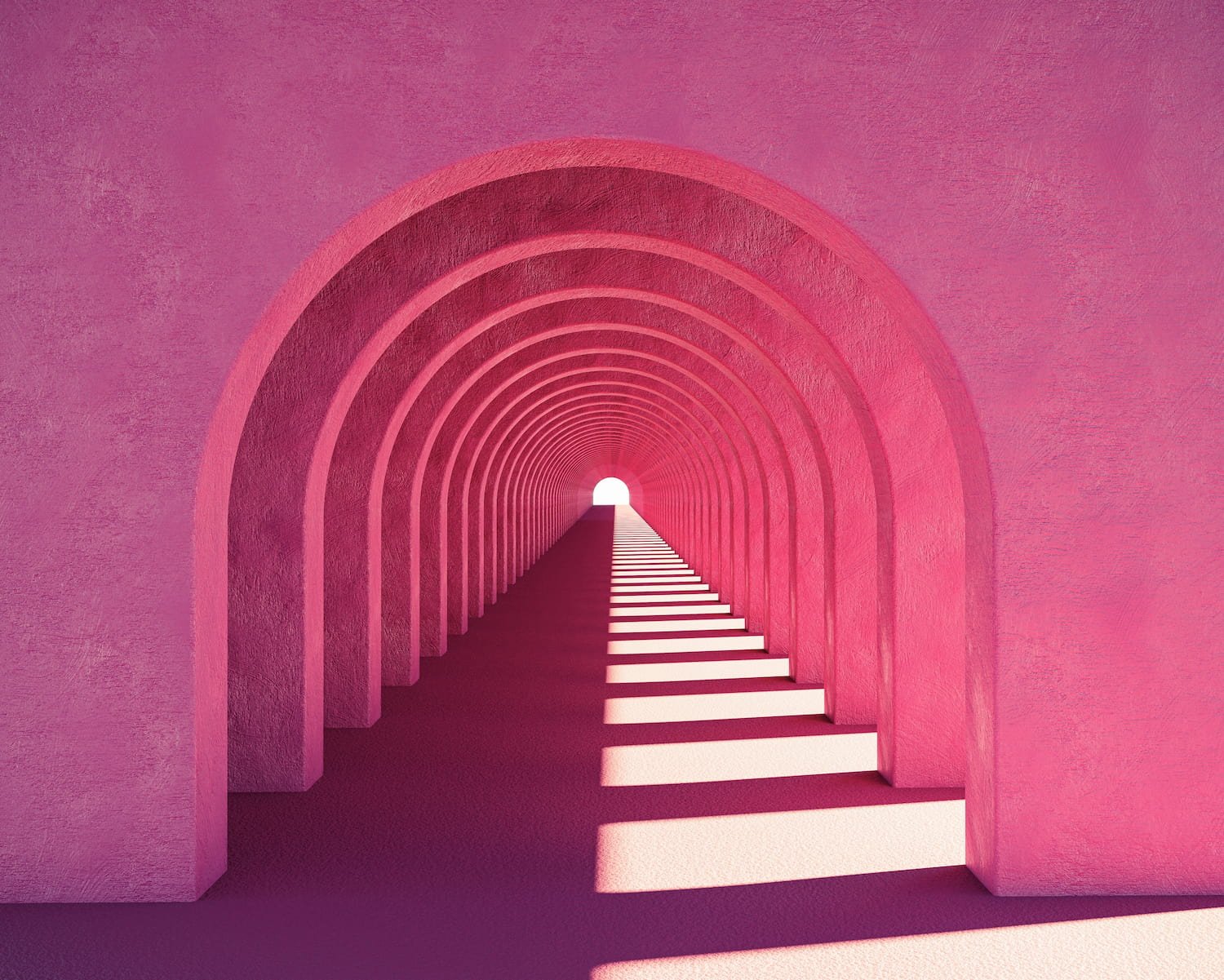 A long arched corridor fading from deep pink to light pink, symbolizing the waves of anxiety and the gradual movement toward calm and self-awareness.