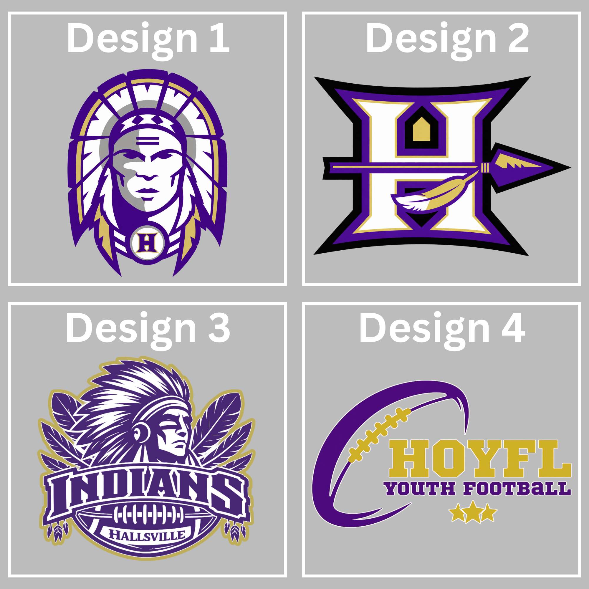 Hallsville Football design chart - Design 1 Indian head, Design 2 H spear logo, Design 3 Indians Football crest, Design 4 HOYFL Youth Football