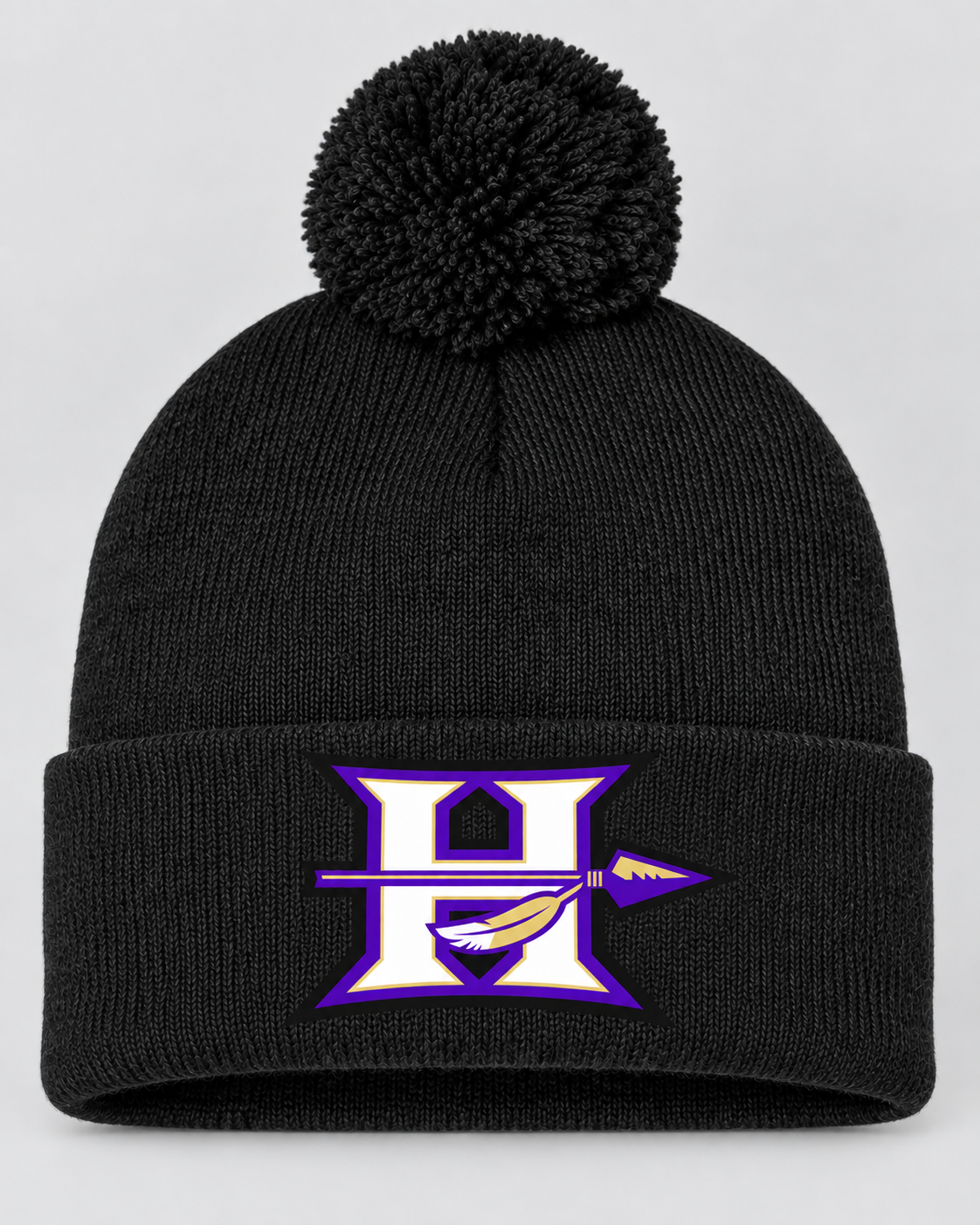 Hallsville Indians pom beanie, black with embroidered H logo - custom winter hat by McNail Creative Co, Centralia MO