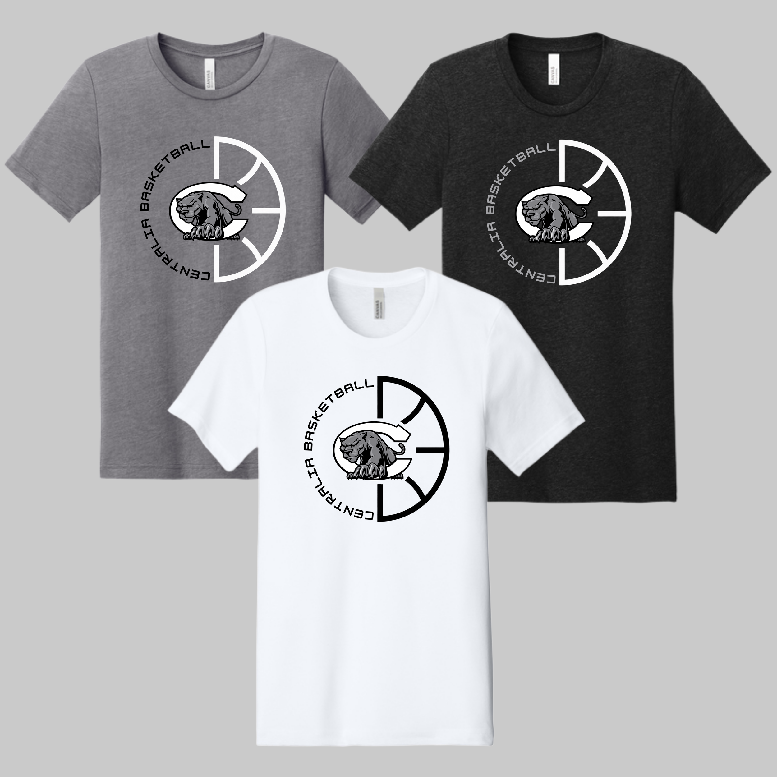 Centralia Panthers Basketball t-shirts, Bella+Canvas 3001CVC in Heather Storm, White and Black Heather - custom apparel by McNail Creative Co, Centralia MO
