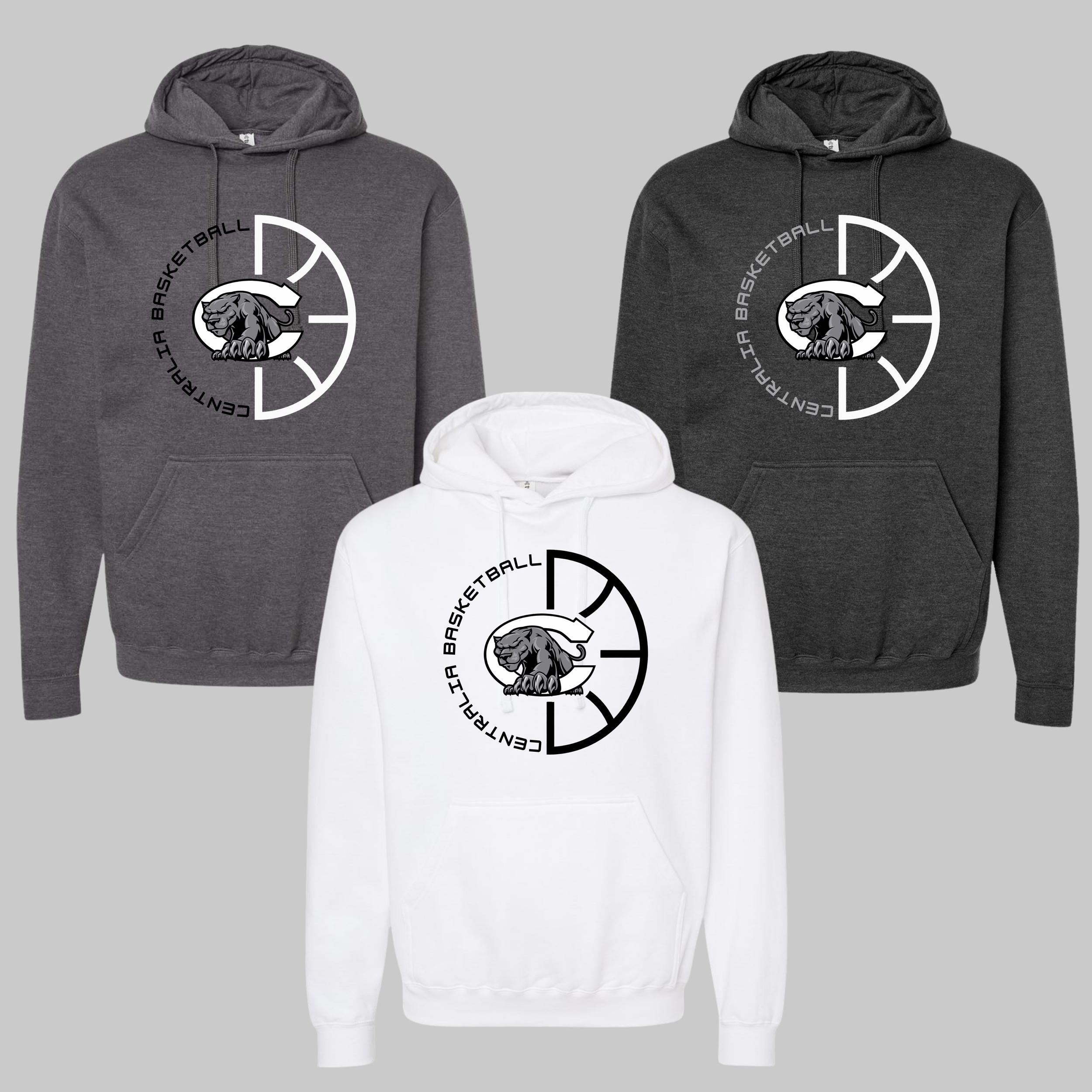 Centralia Panthers Basketball hoodies, Tultex 320 in Heather Charcoal, White and Heather Graphite - custom apparel by McNail Creative Co, Centralia MO