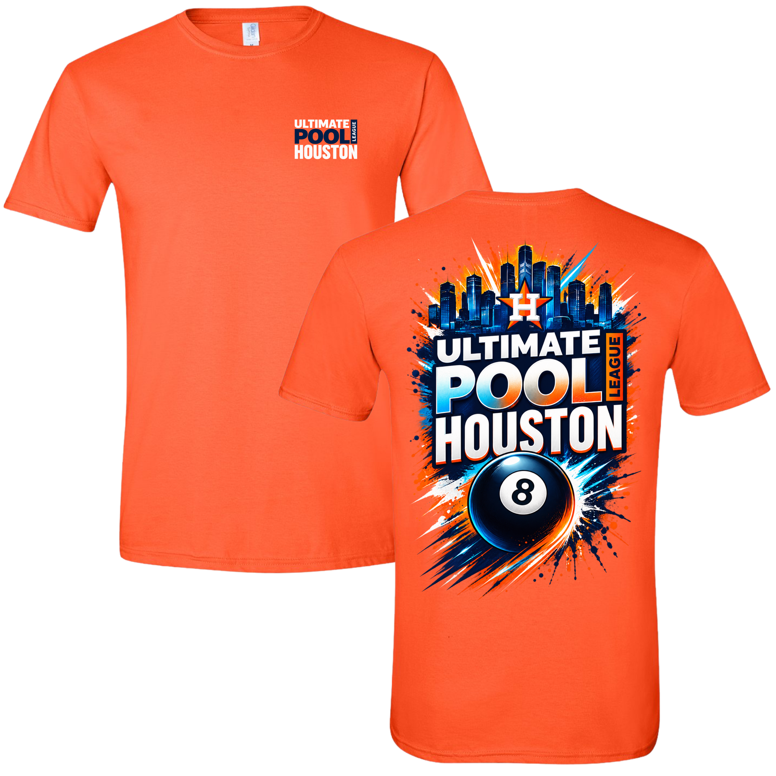 Ultimate Pool League Houston t-shirt, orange with blue and white 8-ball skyline DTF back print - custom apparel by McNail Creative Co