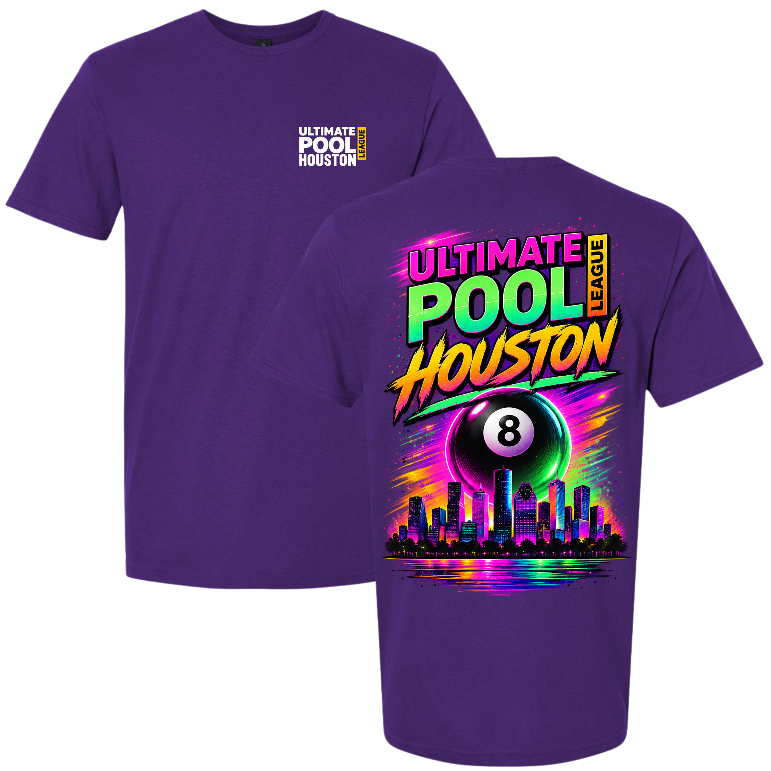 Ultimate Pool League Houston t-shirt, purple with neon 8-ball skyline DTF back print - custom apparel by McNail Creative Co