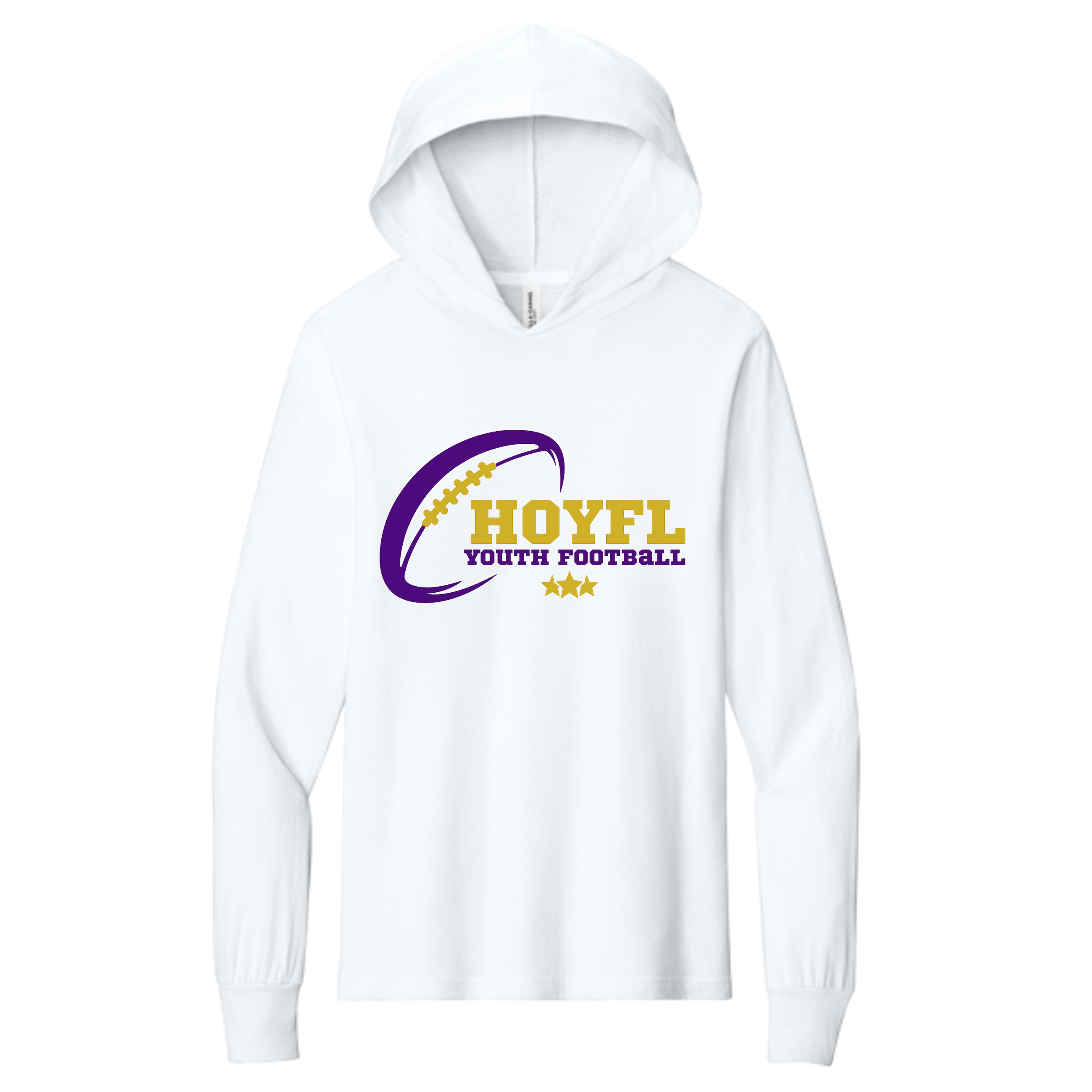 Hallsville HOYFL Youth Football youth white hooded long sleeve tee, Design 4 - custom printed by McNail Creative Co