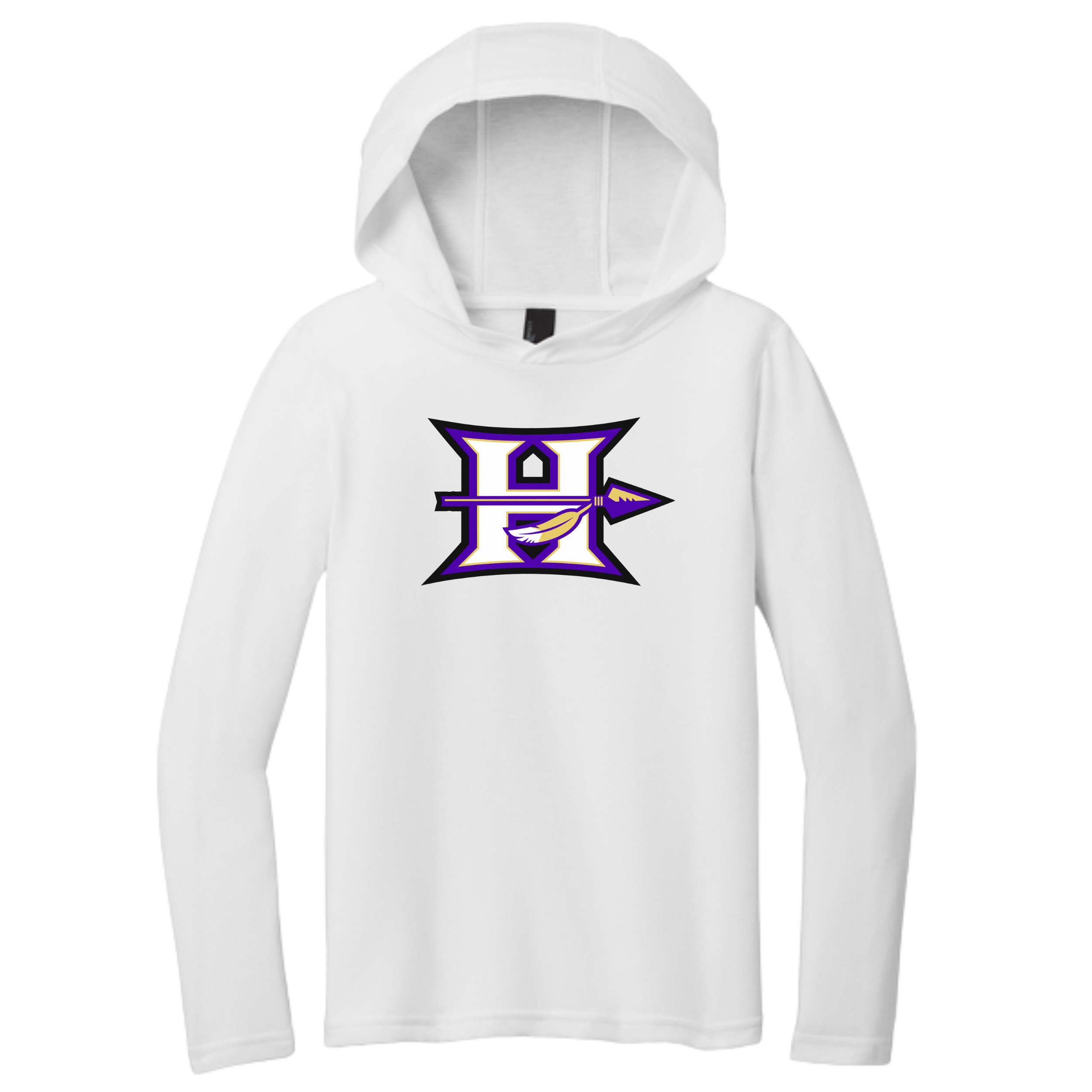 Hallsville Indians Football adult white hooded long sleeve tee, Design 2 H spear logo - custom printed by McNail Creative Co