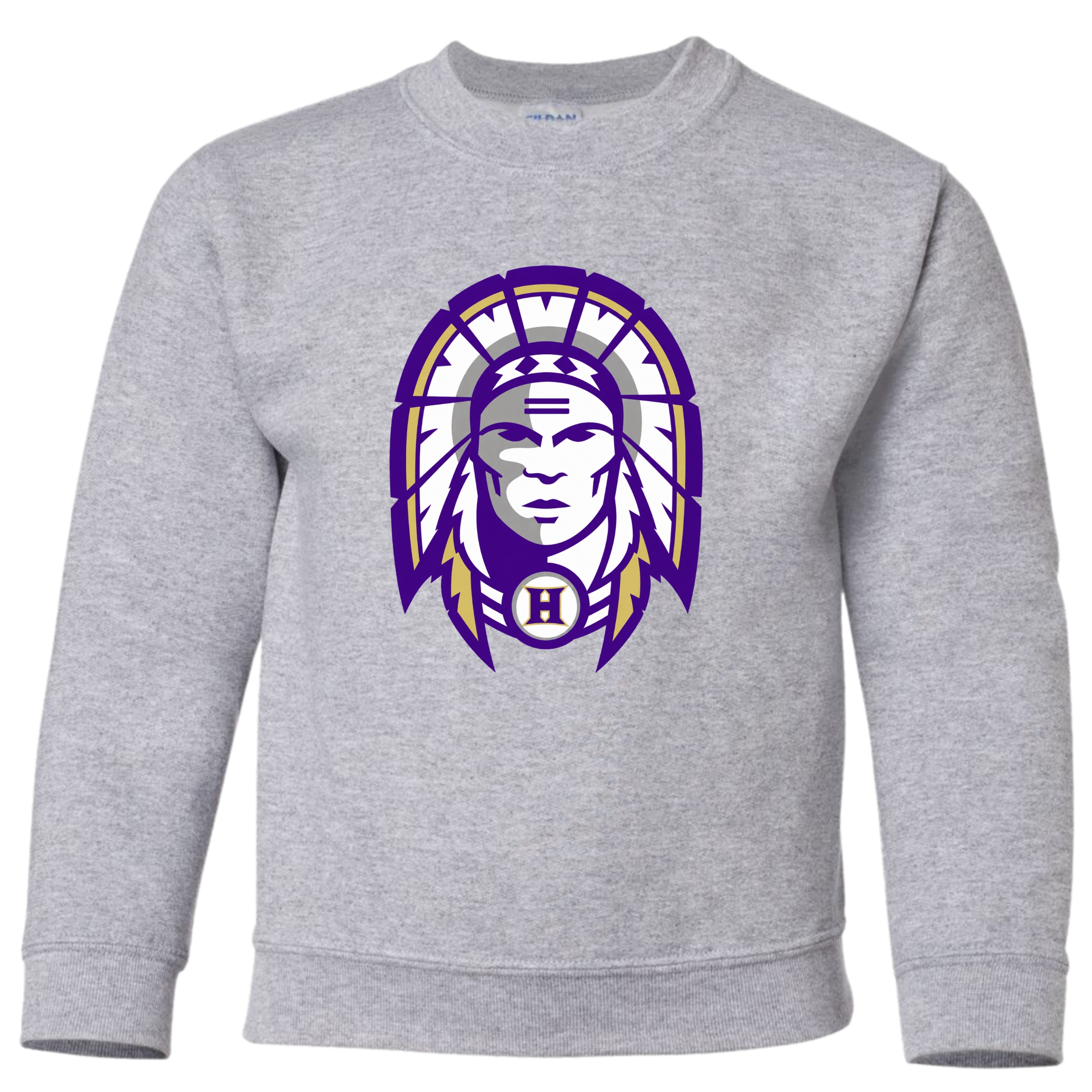 Hallsville Indians Football crewneck sweatshirt, light heather grey with Design 1 Indian head - McNail Creative Co, Centralia MO