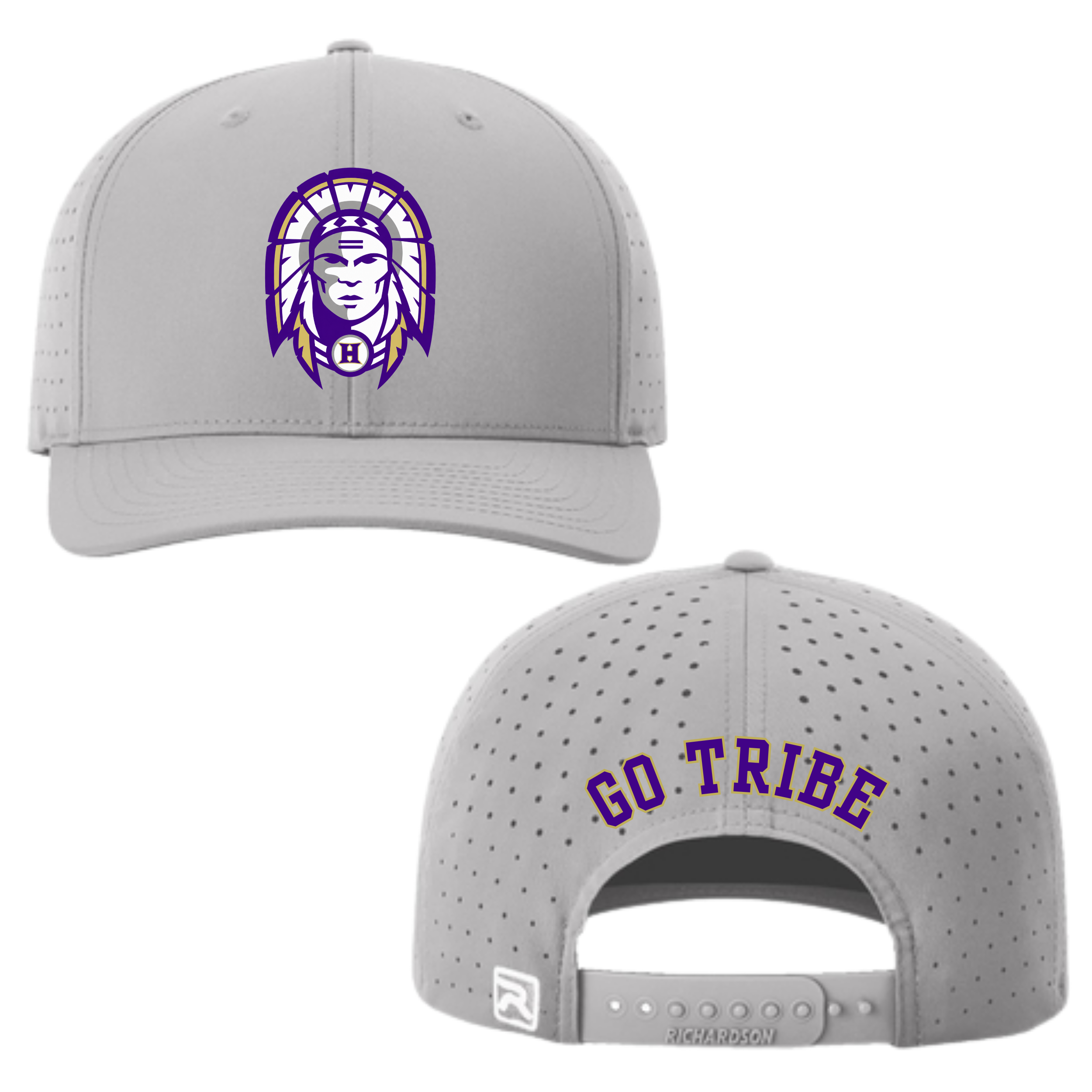 Hallsville Indians Football Richardson hat, heather grey with Design 1 Indian head, GO TRIBE embroidered on back - McNail Creative Co