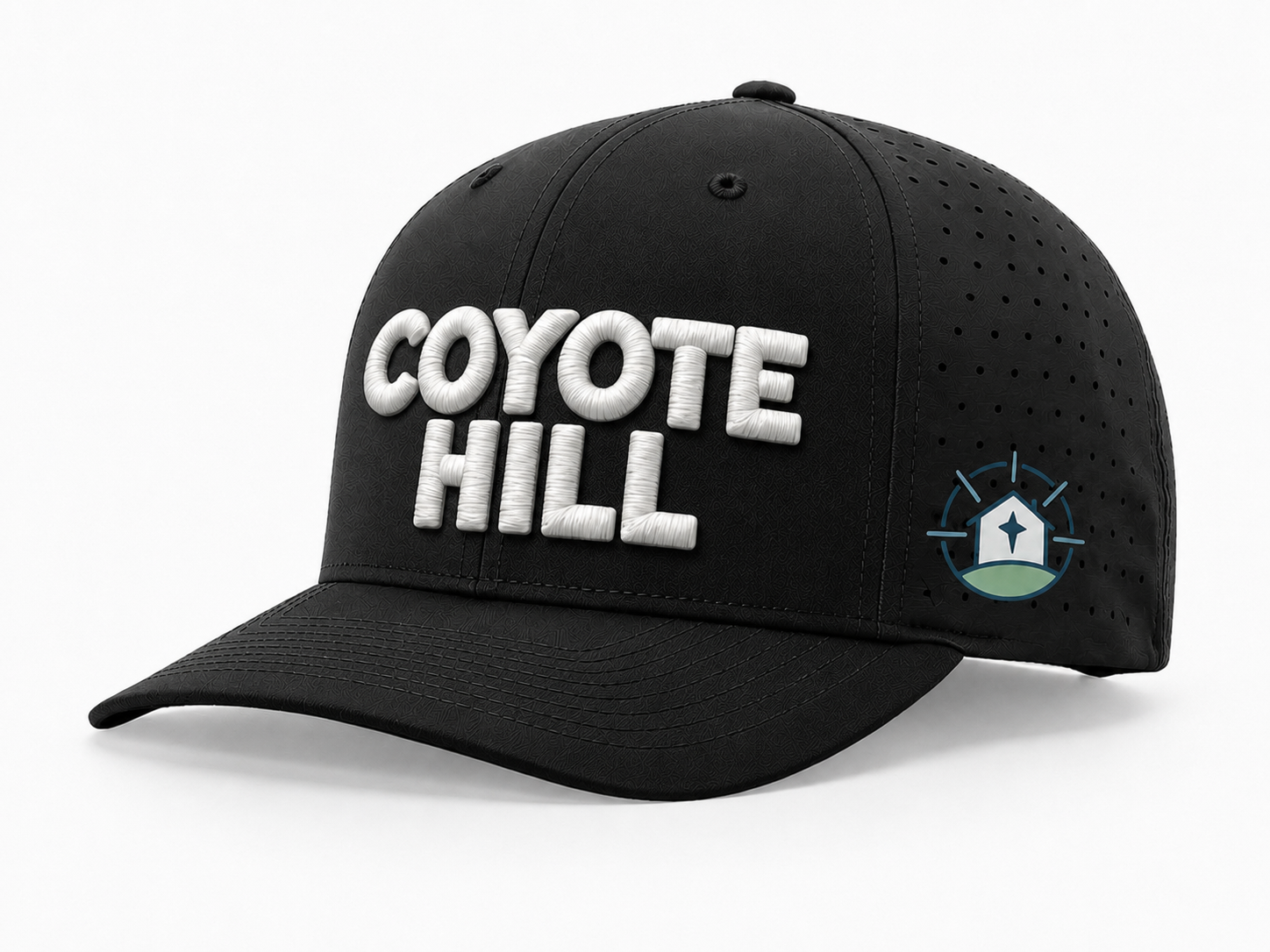 Coyote Hill Richardson 632 hat, black with 3D puff embroidered wordmark - custom embroidered hat by McNail Creative Co, Centralia MO