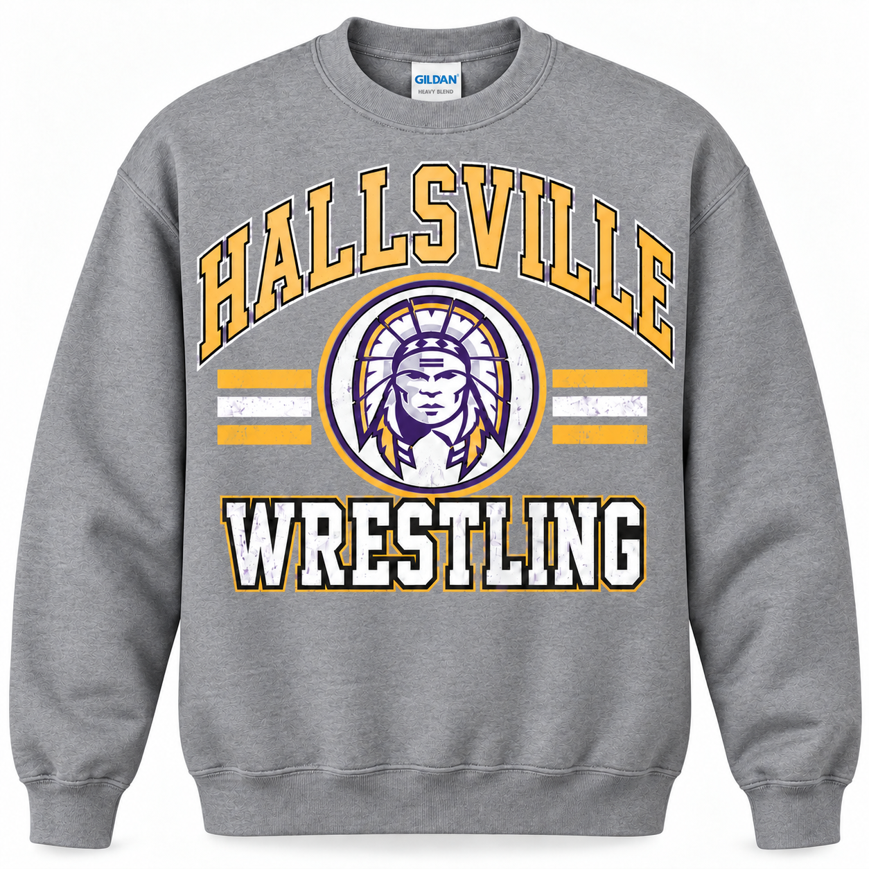 Hallsville Indians Wrestling crewneck sweatshirt, grey Gildan 18000 - custom apparel by McNail Creative Co, Centralia MO