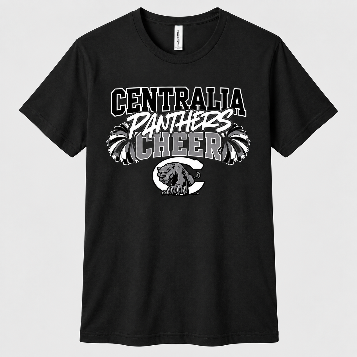 Centralia Panthers Cheer t-shirt, black Bella+Canvas 3001 - custom apparel by McNail Creative Co, Centralia MO
