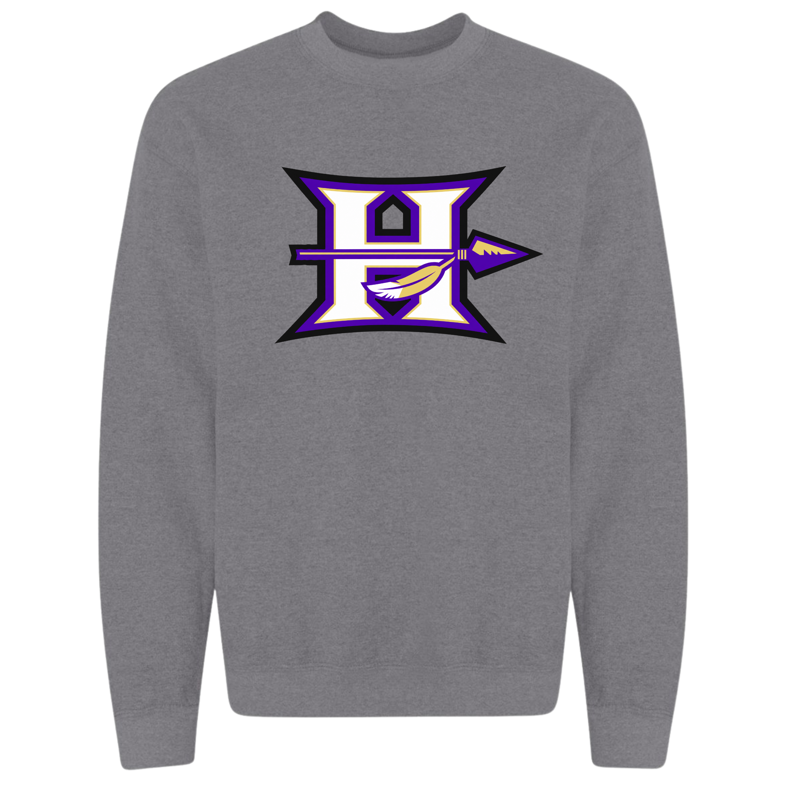 Hallsville Indians Football crewneck sweatshirt, dark heather grey with Design 2 H spear logo - McNail Creative Co, Centralia MO