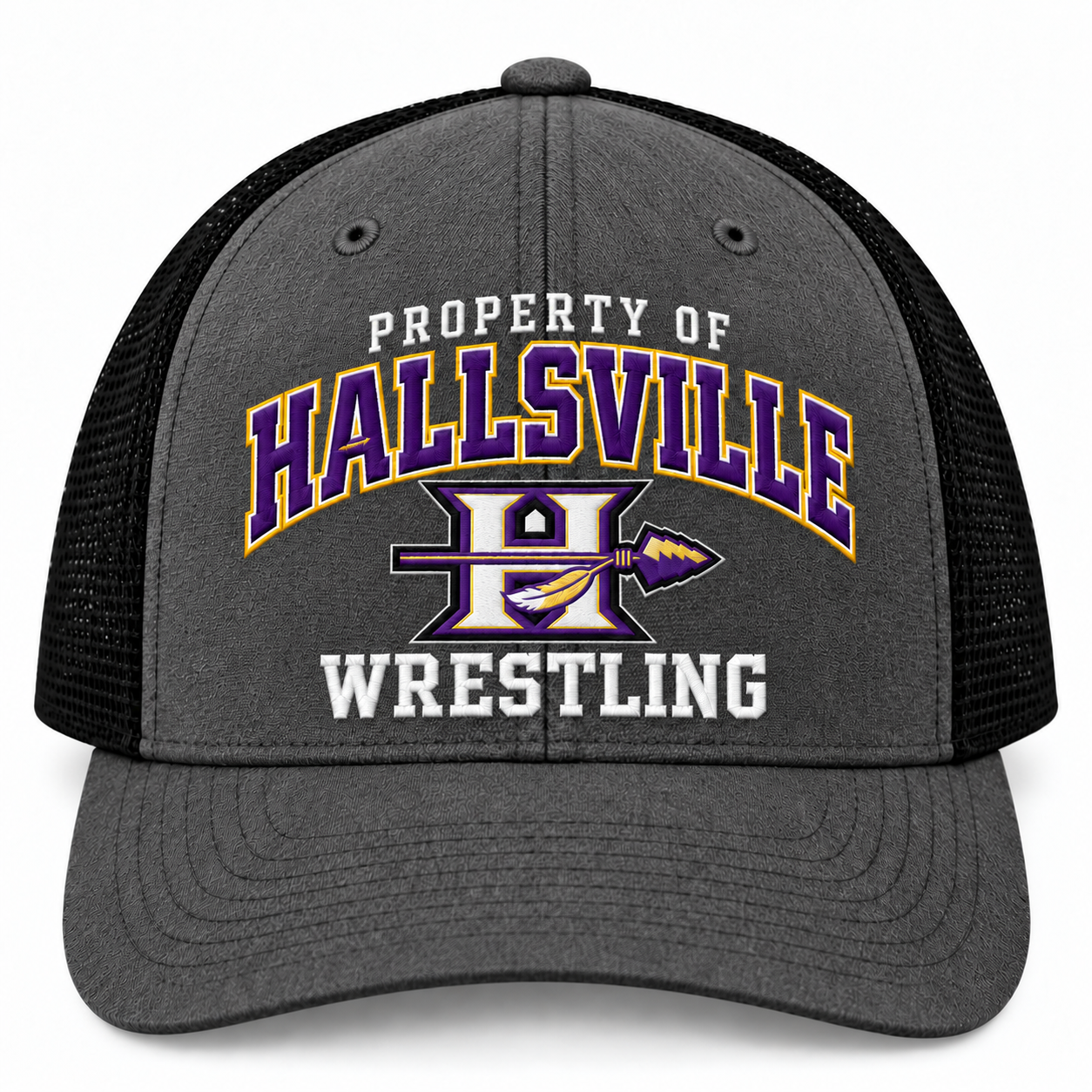 Property of Hallsville Wrestling Richardson 112 trucker hat, black and grey - custom embroidered hat by McNail Creative Co, Centralia MO