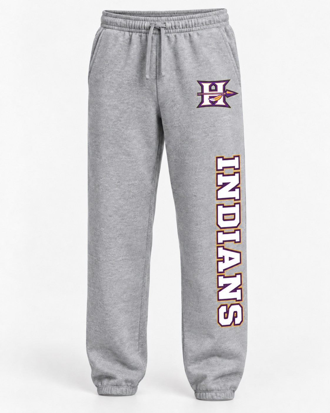 Hallsville Indians Basketball sweatpants, grey with Indians leg print - custom apparel by McNail Creative Co, Centralia MO