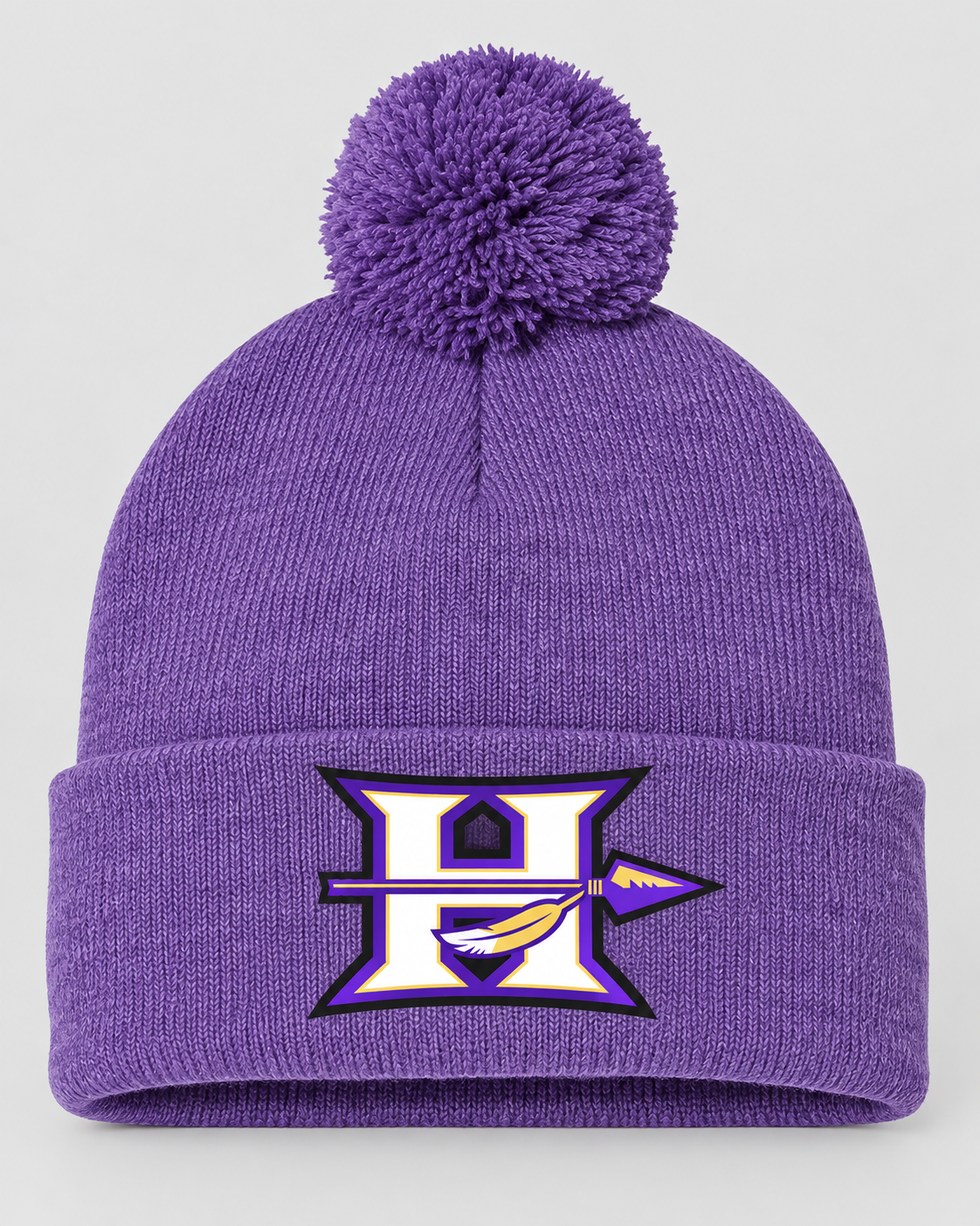 Hallsville Indians pom beanie, purple with embroidered H logo - custom winter hat by McNail Creative Co, Centralia MO