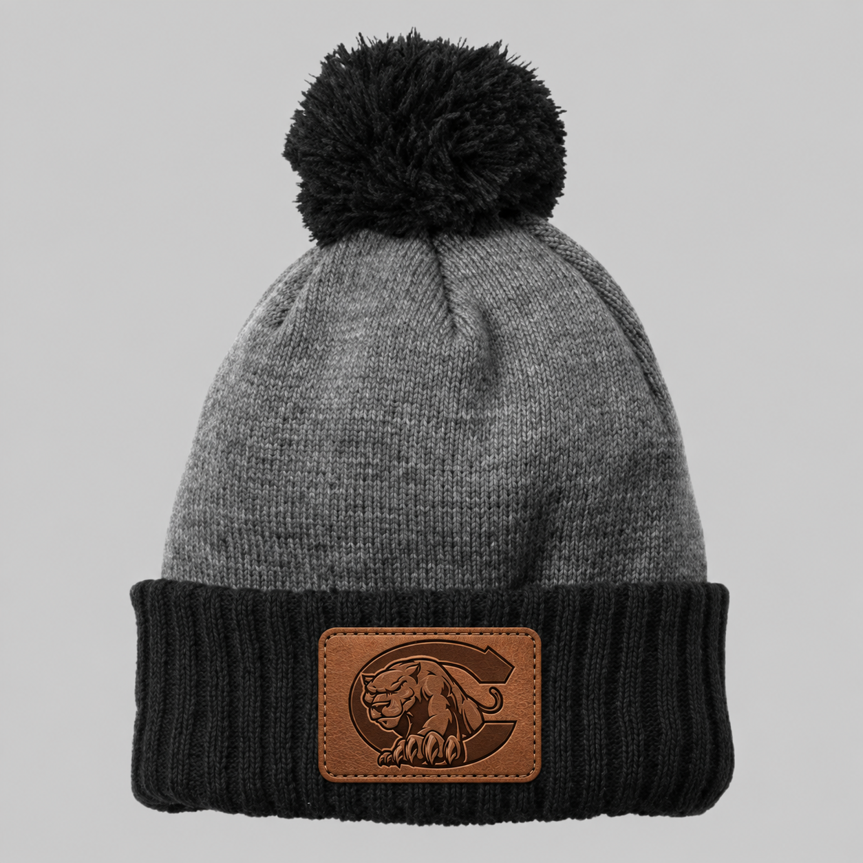 Gray Beanie with Panther Leather Patch.png