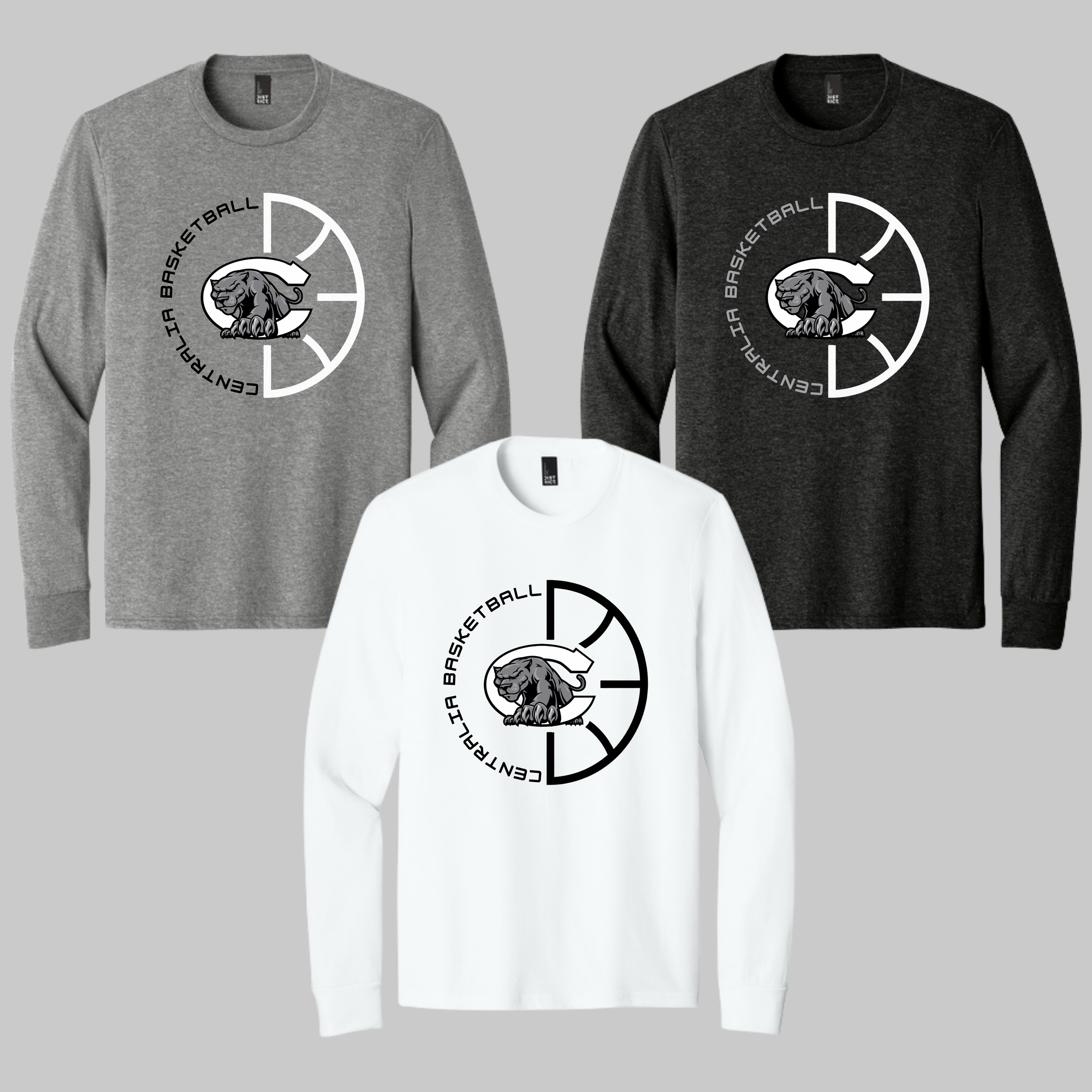 Centralia Panthers Basketball long sleeve t-shirts, District DM132 in Grey Frost, White and Black Frost - custom apparel by McNail Creative Co, Centralia MO