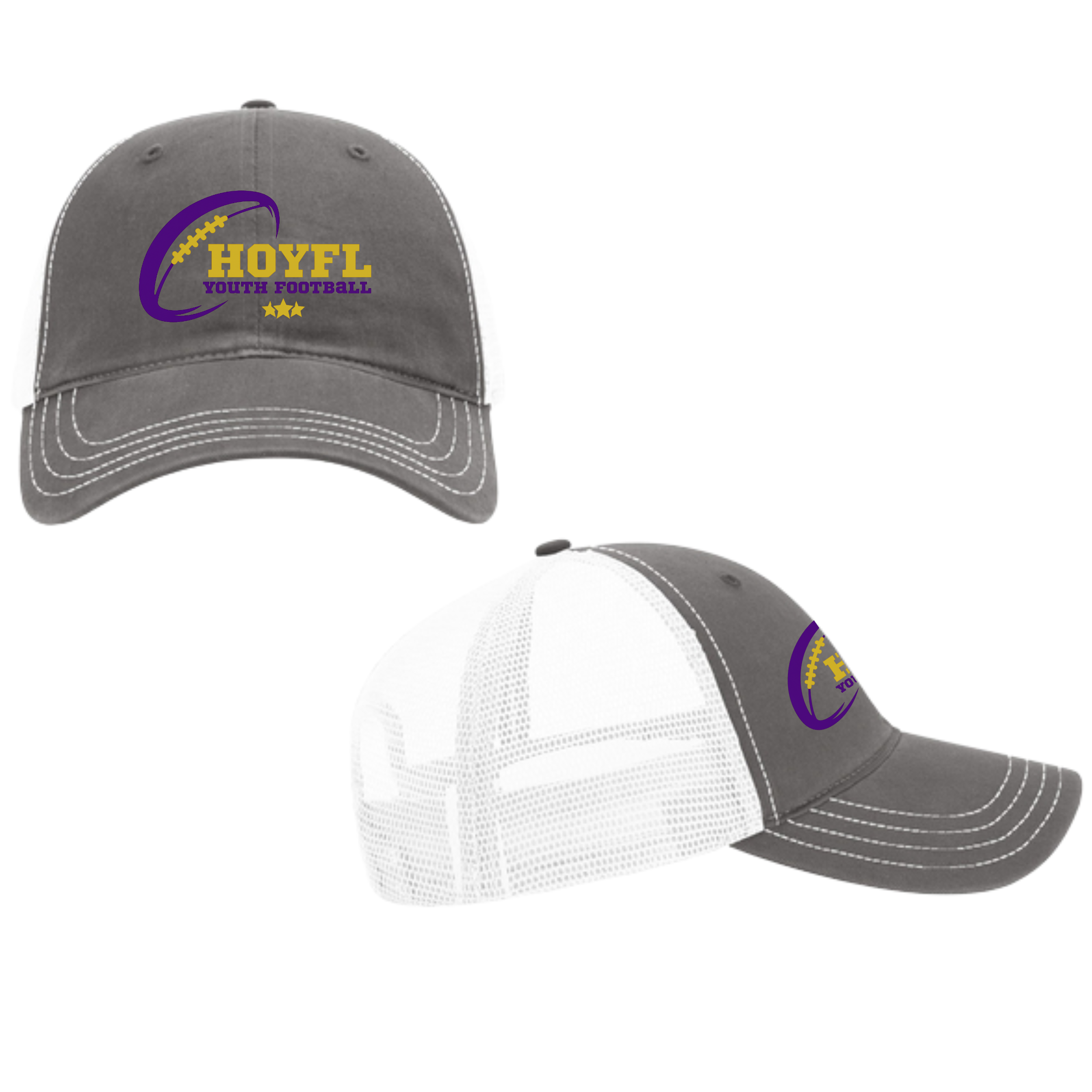 Hallsville HOYFL Youth Football Richardson trucker hat, charcoal and white mesh with Design 4 - custom embroidered by McNail Creative Co