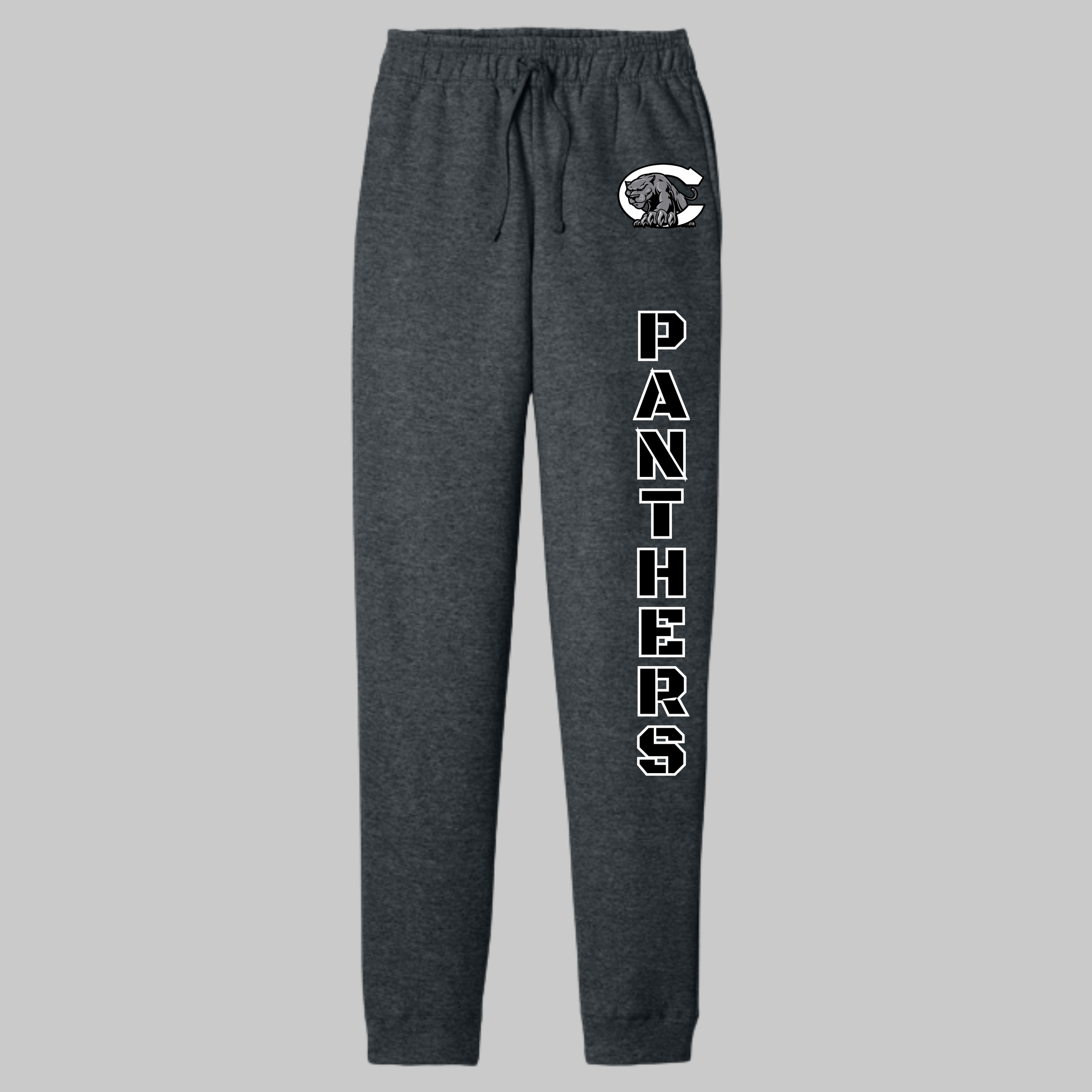 Centralia Panthers sweatpants, dark heather Port & Company PC78J jogger with PANTHERS leg design and C panther logo - custom apparel by McNail Creative Co, Centralia MO