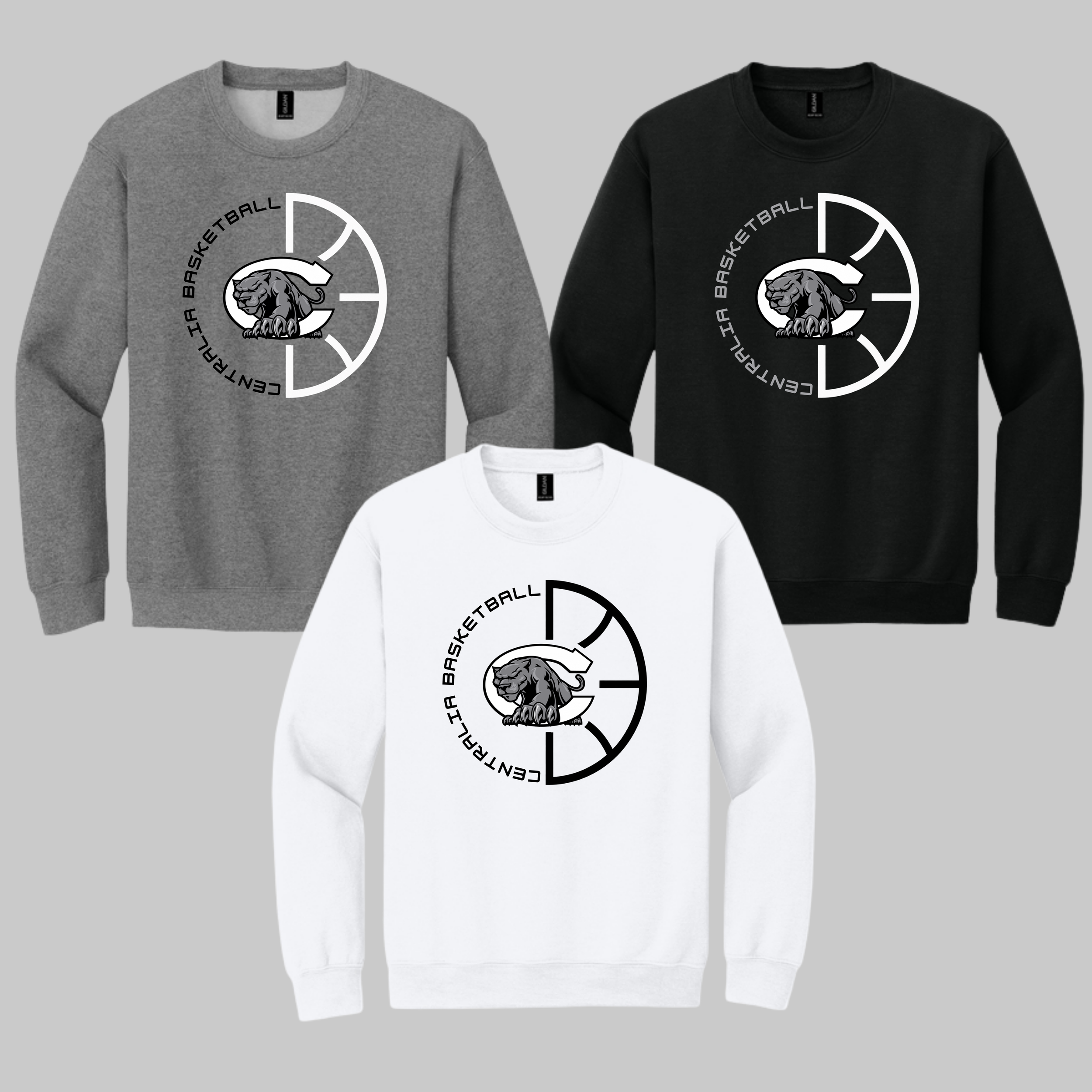 Centralia Panthers Basketball crewneck sweatshirts, Gildan 18000 in Graphite Heather, White and Black - custom apparel by McNail Creative Co, Centralia MO