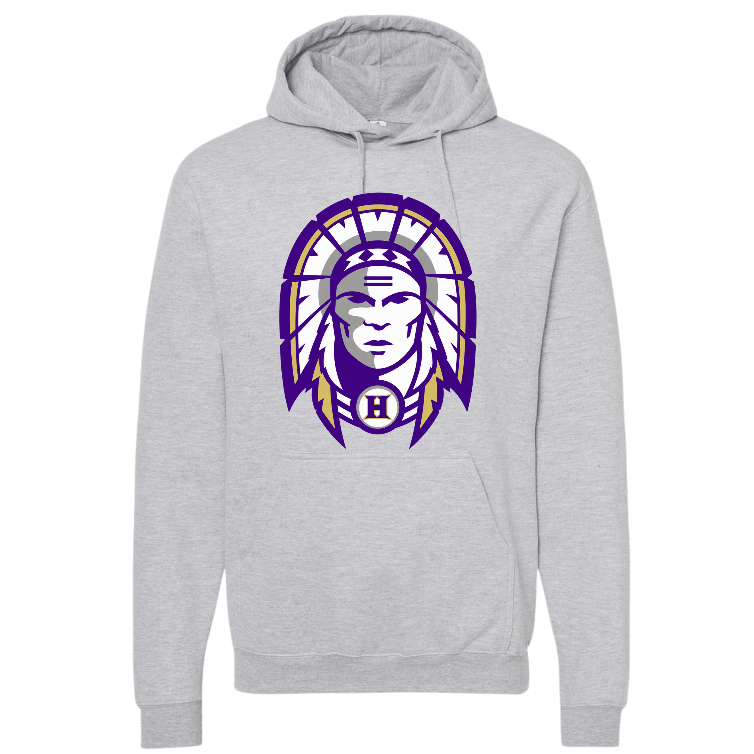Hallsville Indians Football hoodie, heather grey with Design 1 Indian head - custom printed by McNail Creative Co, Centralia MO