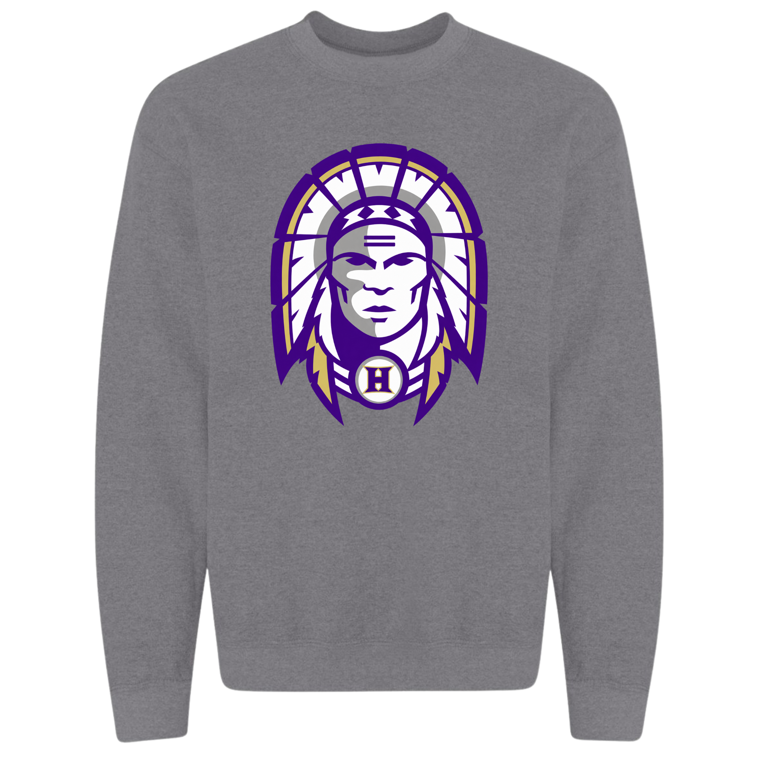 Hallsville Indians Football crewneck sweatshirt, dark heather grey with Design 1 Indian head - McNail Creative Co, Centralia MO