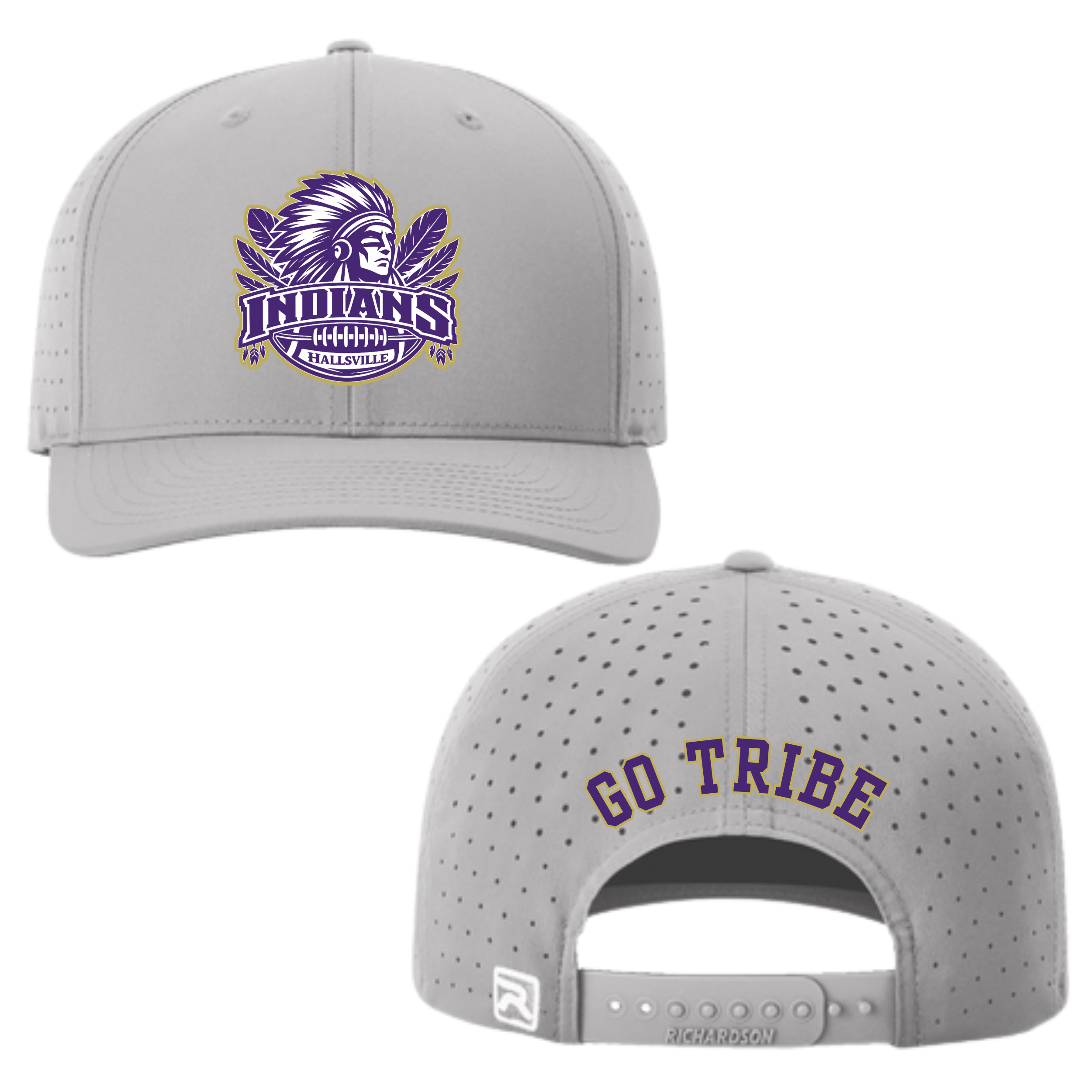 Hallsville Indians Football Richardson hat, heather grey with Design 3 Indians Football crest, GO TRIBE on back - McNail Creative Co