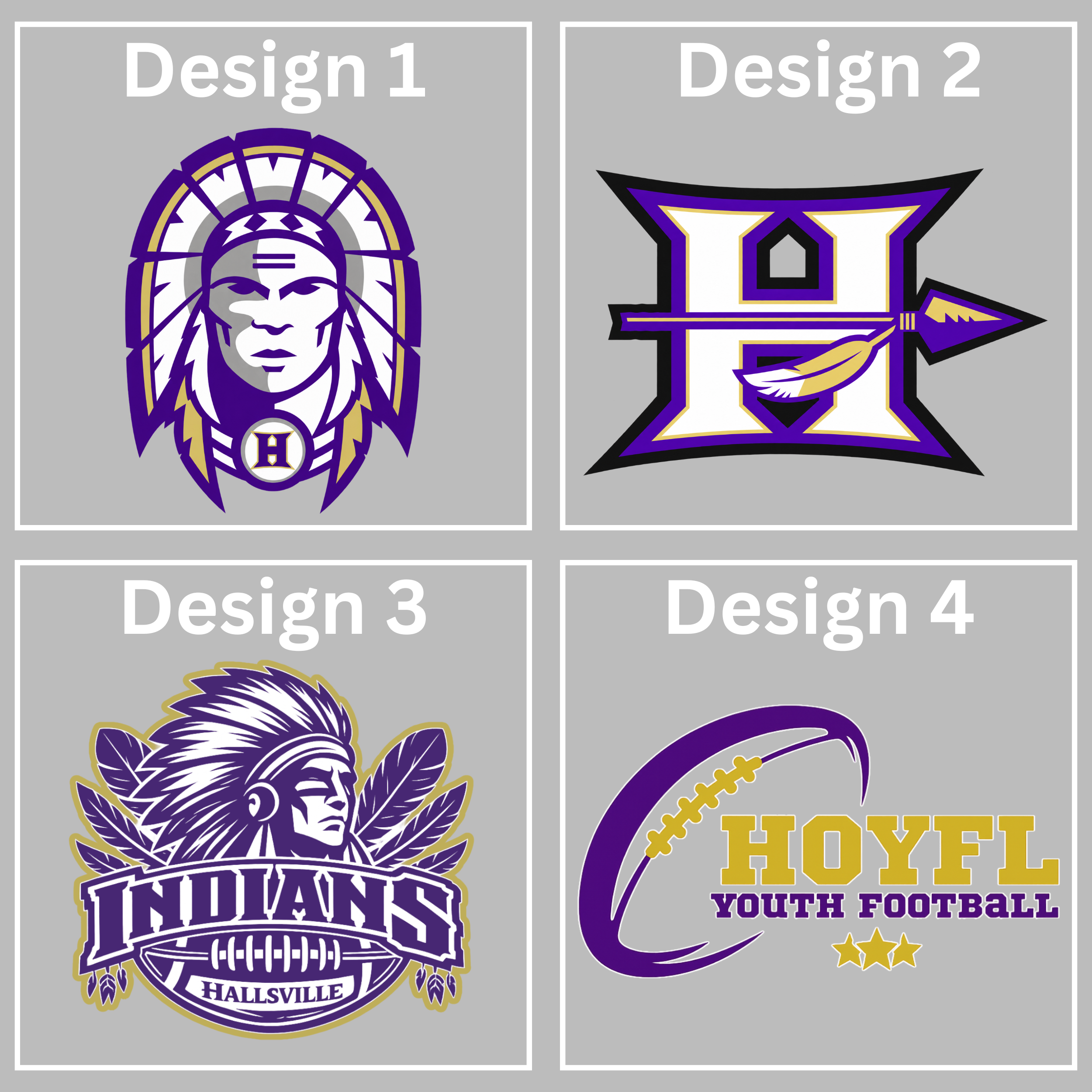 Hallsville Football design chart - Design 1 Indian head, Design 2 H spear logo, Design 3 Indians Football crest, Design 4 HOYFL Youth Football