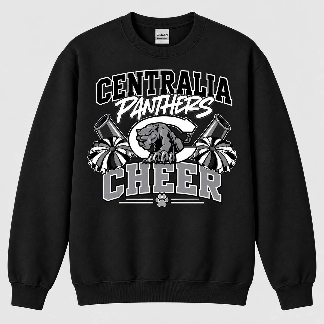 Centralia Panthers Cheer crewneck sweatshirt, black Gildan 18000 - custom apparel by McNail Creative Co, Centralia MO