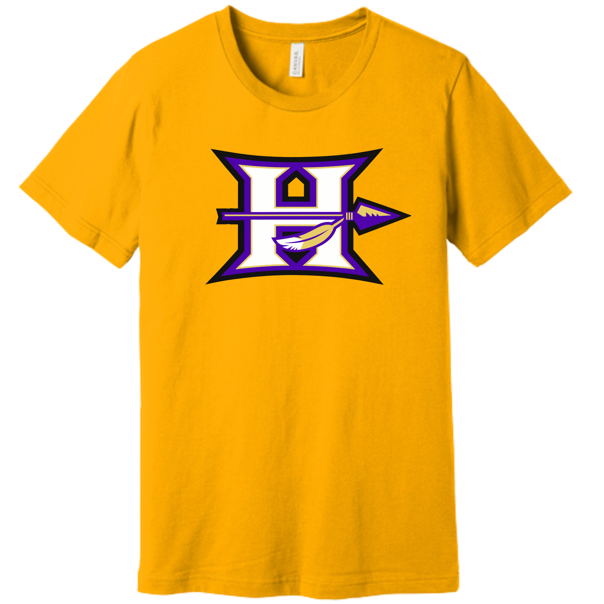 Hallsville Indians Football t-shirt, gold with Design 2 H spear logo - custom printed by McNail Creative Co, Centralia MO