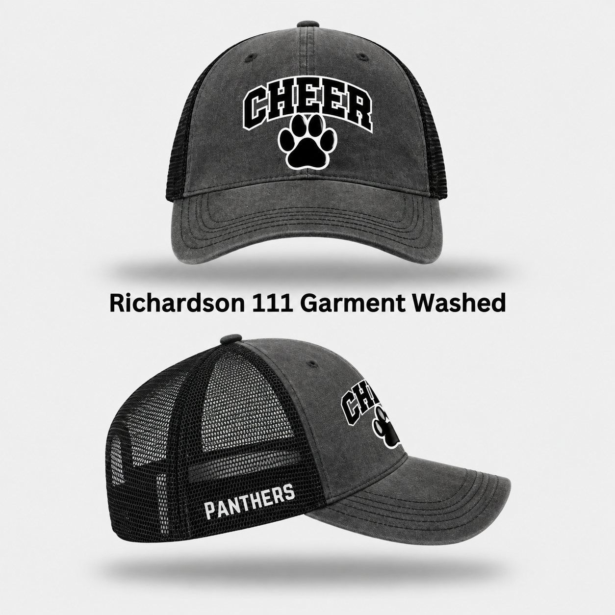 Centralia Cheer Richardson 111 garment-washed trucker hat, charcoal - custom embroidered hat by McNail Creative Co, Centralia MO