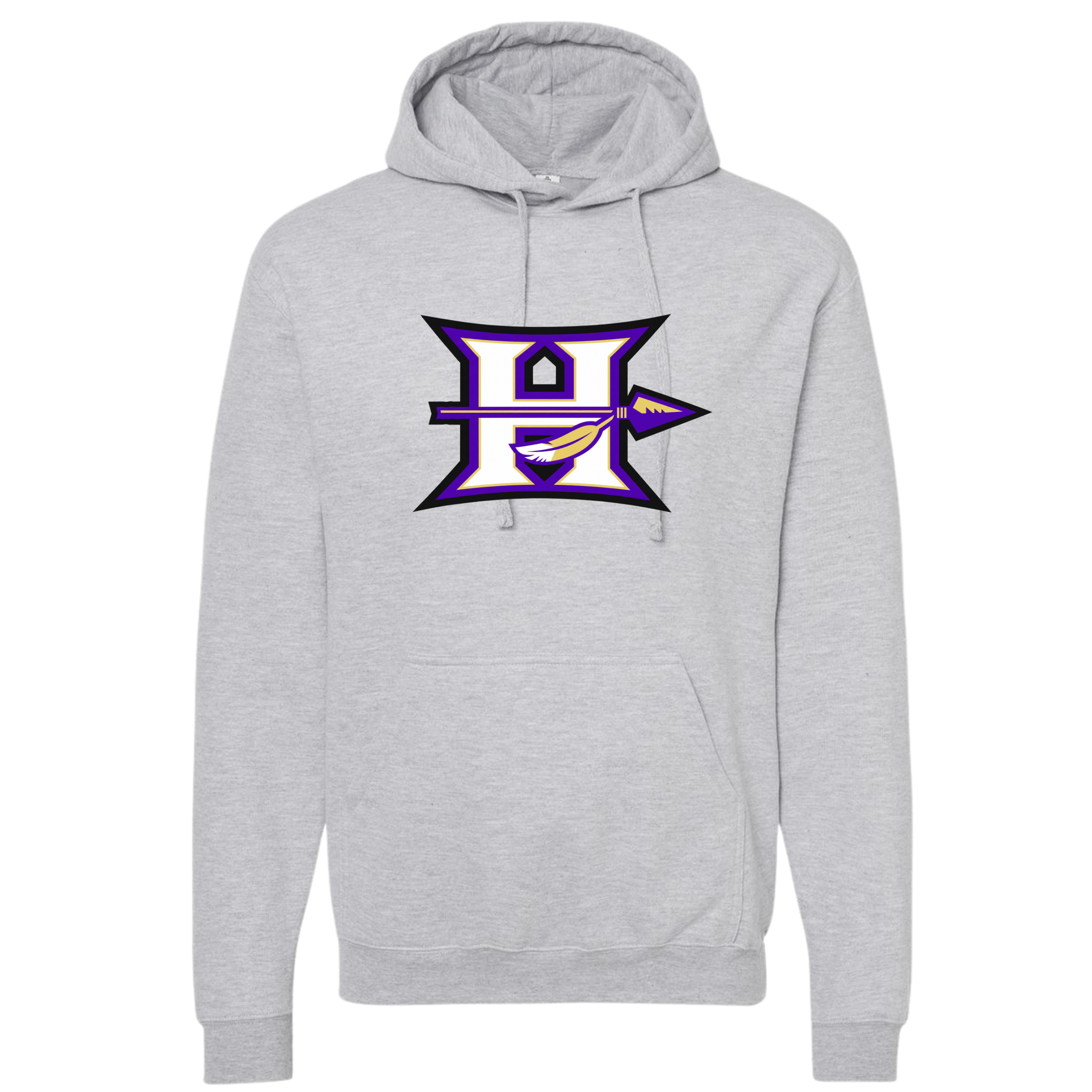 Hallsville Indians Football hoodie, heather grey with Design 2 H spear logo - custom printed by McNail Creative Co, Centralia MO