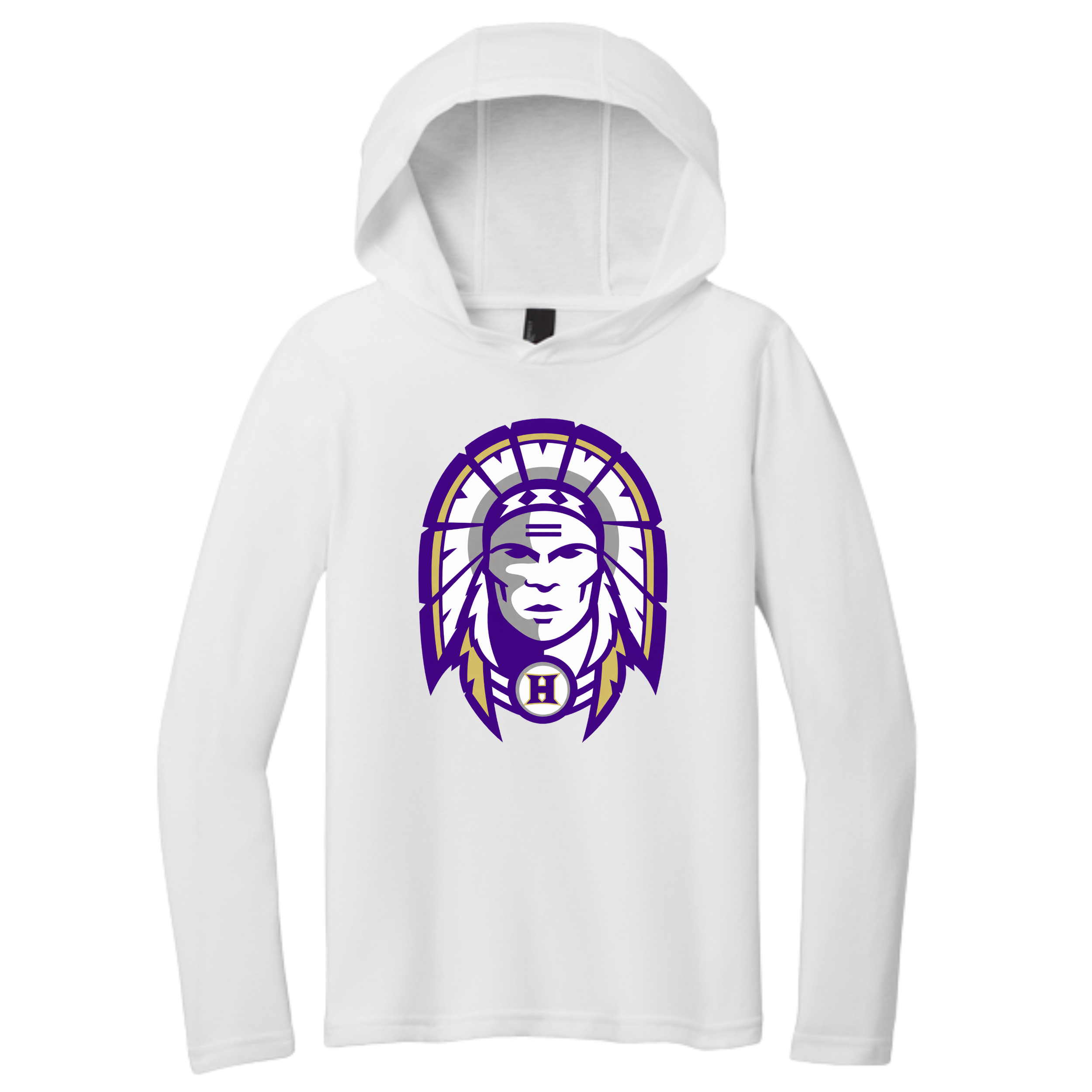 Hallsville Indians Football adult white hooded long sleeve tee, Design 1 Indian head - custom printed by McNail Creative Co