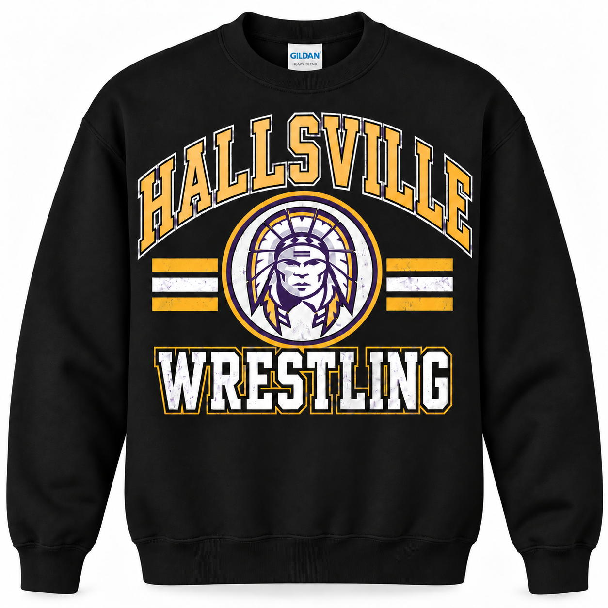 Hallsville Indians Wrestling crewneck sweatshirt, black Gildan 18000 - custom apparel by McNail Creative Co, Centralia MO
