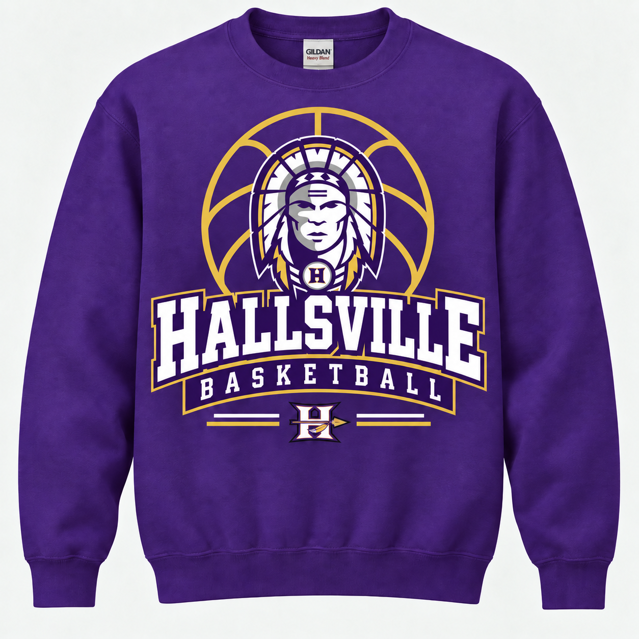 Hallsville Indians Basketball crewneck sweatshirt, purple Gildan 18000 - custom apparel by McNail Creative Co, Centralia MO