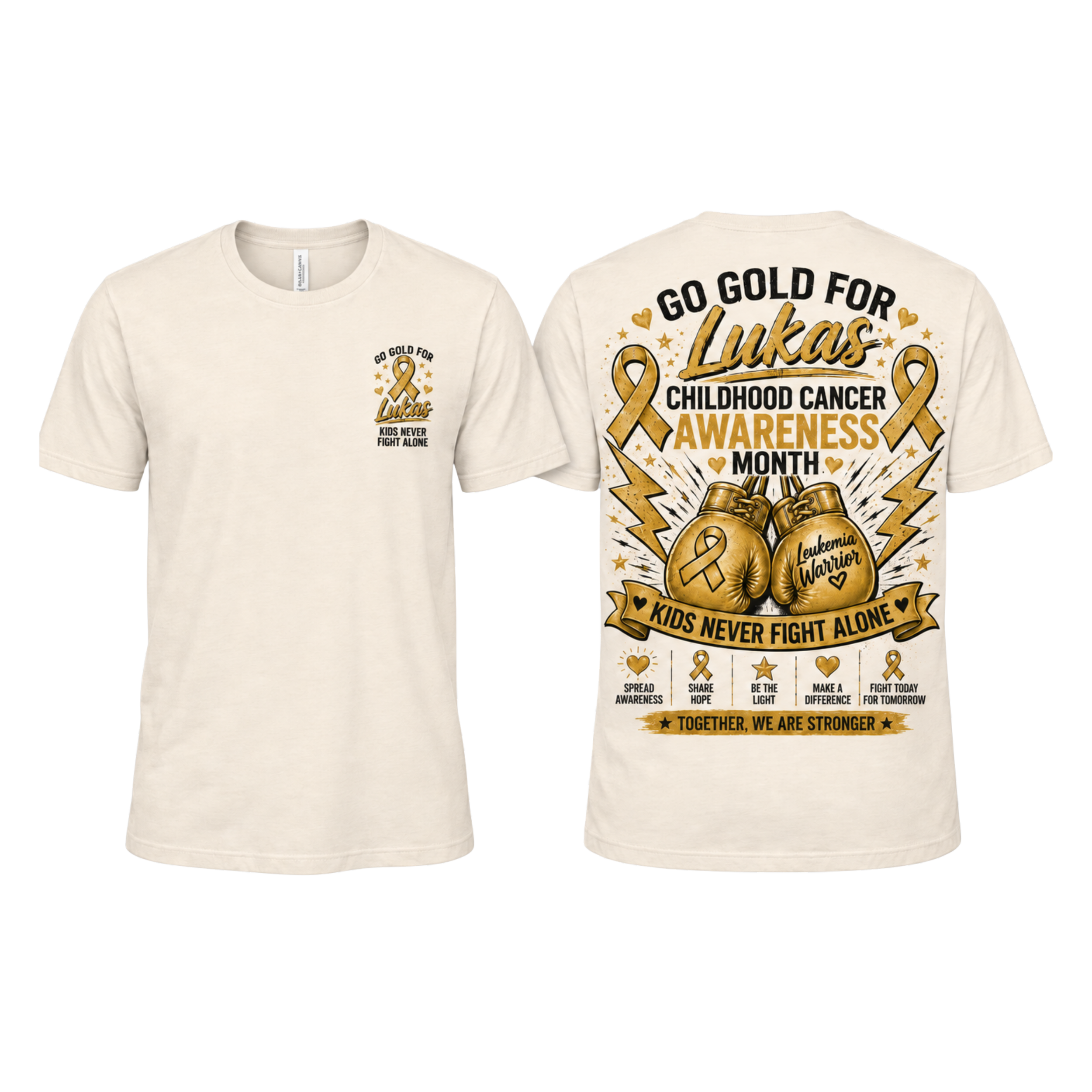 Go Gold for Lukas childhood cancer awareness t-shirt, cream Bella+Canvas 3001, front and back - McNail Creative Co, Centralia MO