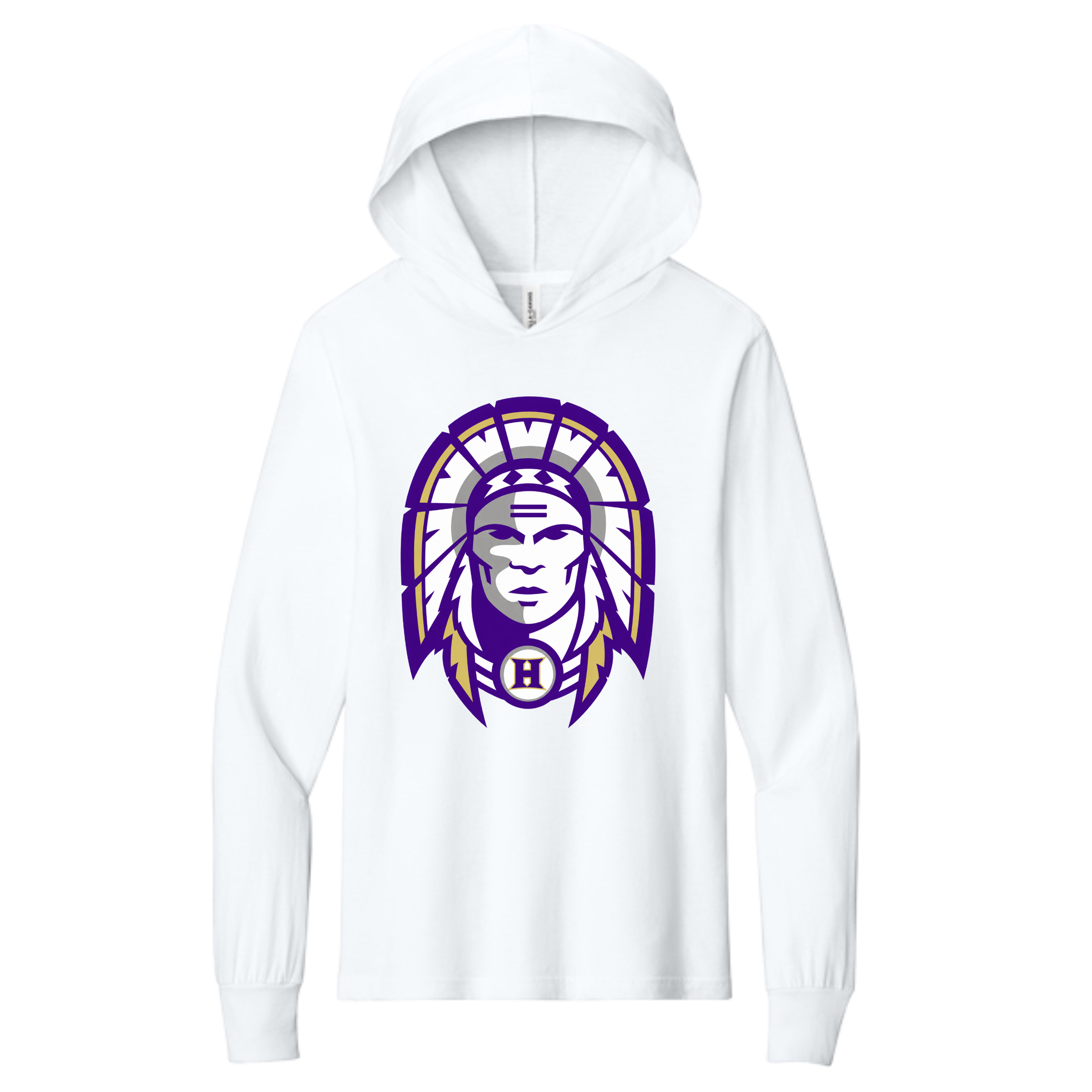 Hallsville Indians Football youth white hooded long sleeve tee, Design 1 Indian head - custom printed by McNail Creative Co