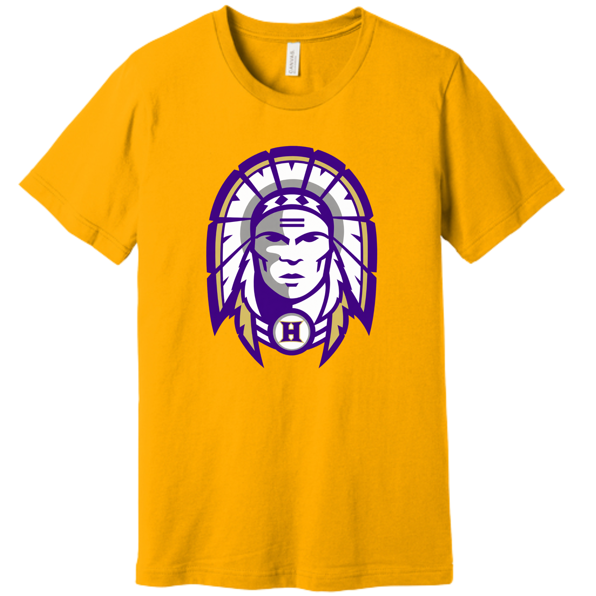 Hallsville Indians Football t-shirt, gold with Design 1 Indian head - custom printed by McNail Creative Co, Centralia MO