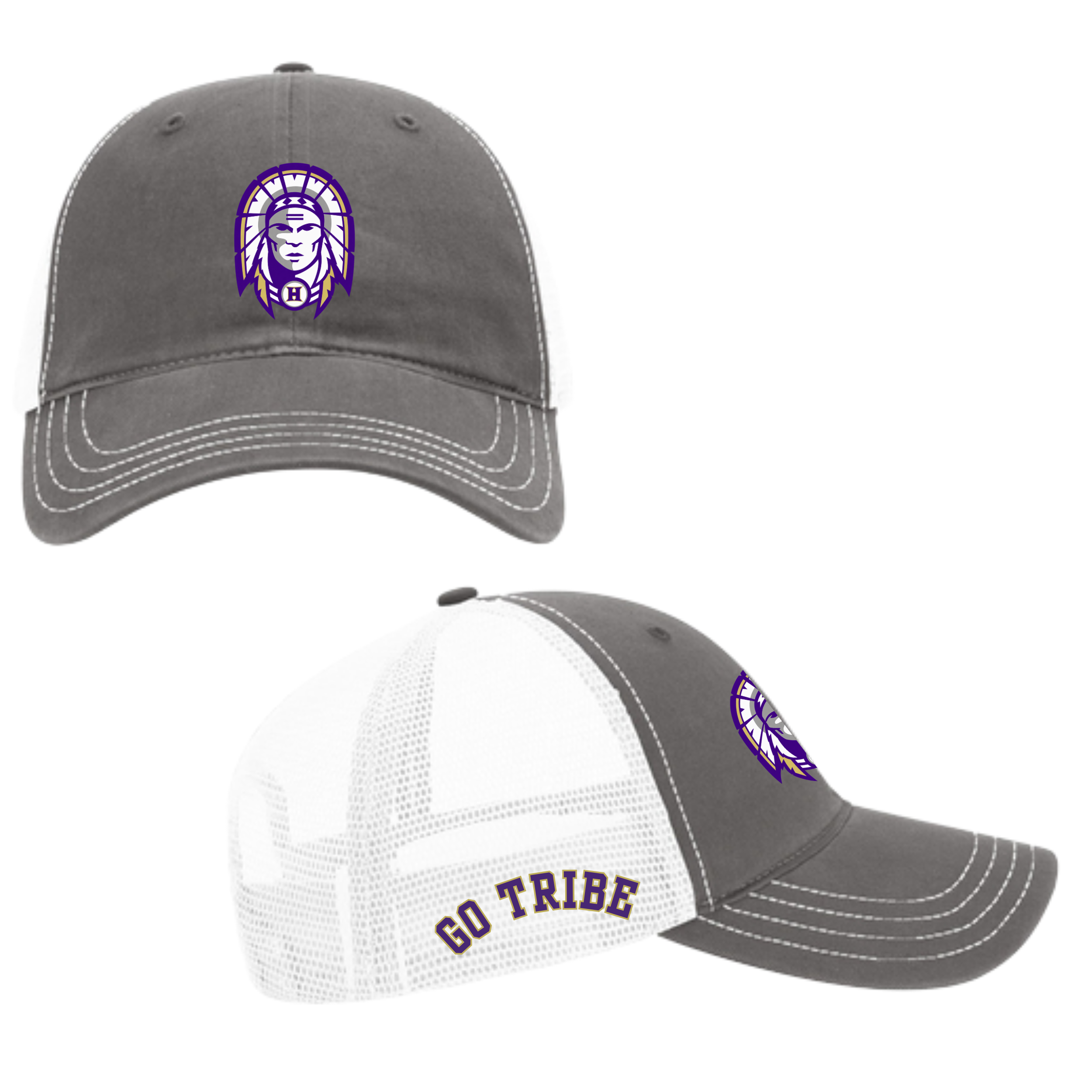 Hallsville Indians Football Richardson trucker hat, charcoal and white mesh with Design 1 Indian head - McNail Creative Co