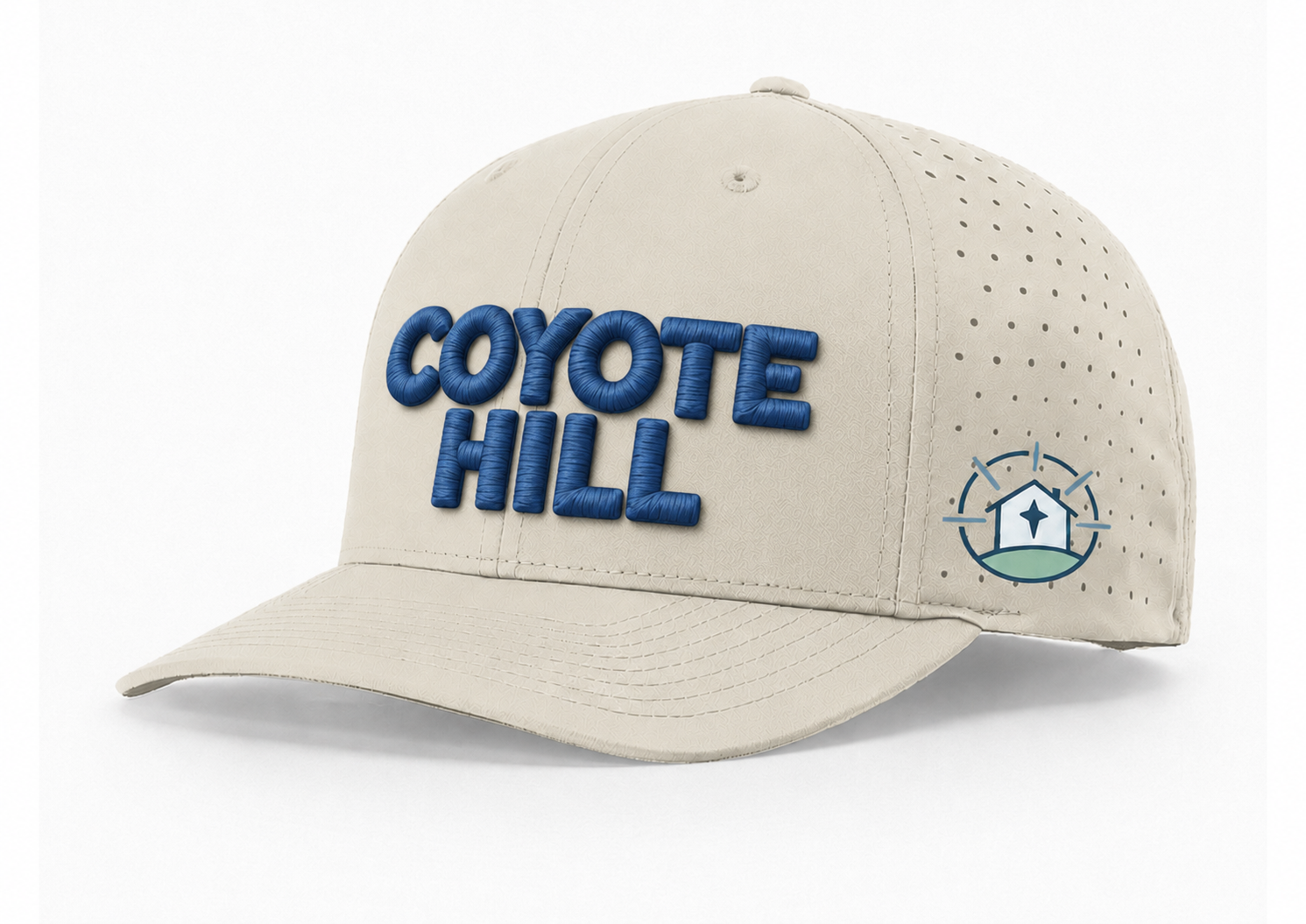 Coyote Hill Richardson 632 hat, khaki with 3D puff embroidered wordmark - custom embroidered hat by McNail Creative Co, Centralia MO