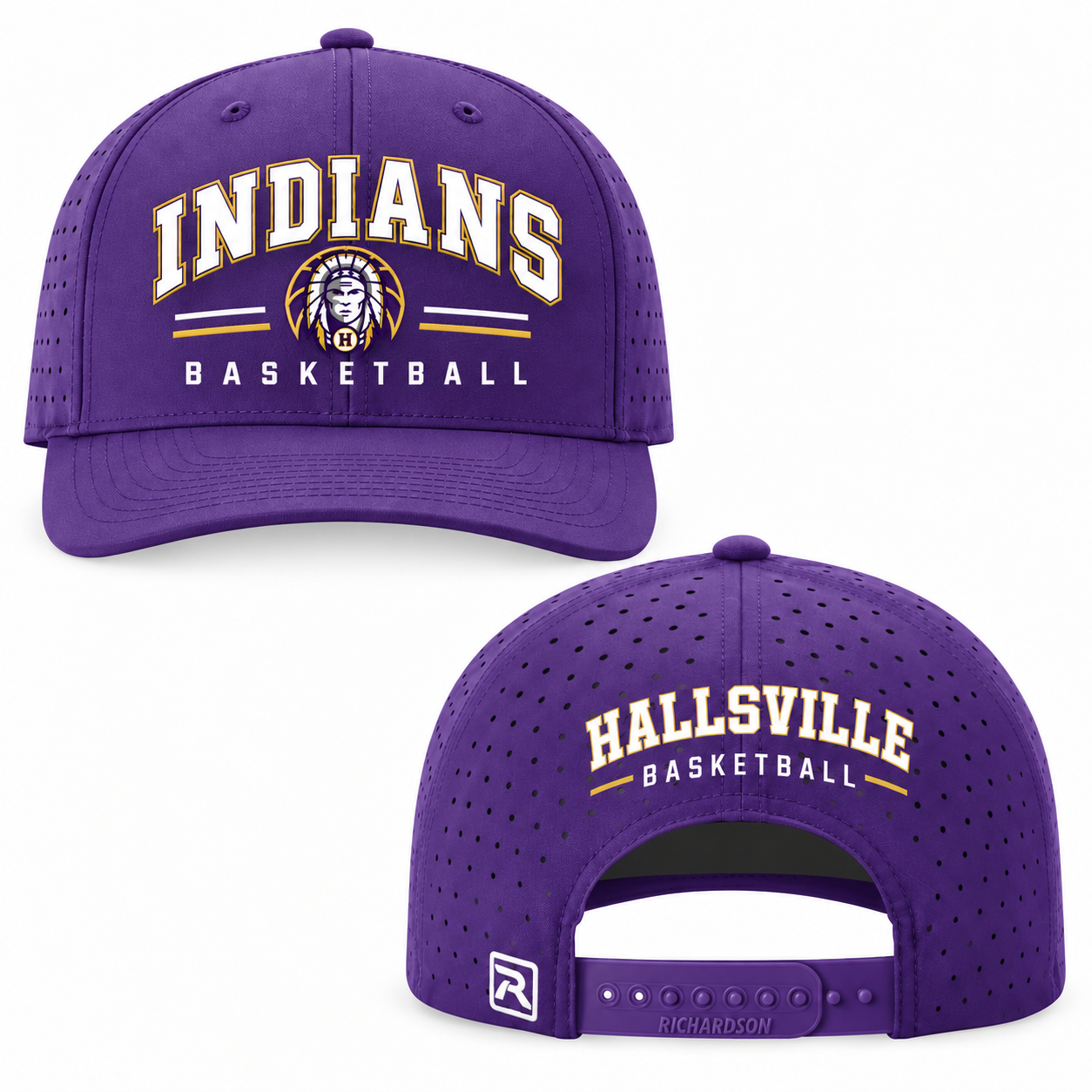 Hallsville Indians Basketball snapback hat, purple, front and back - custom embroidered hat by McNail Creative Co, Centralia MO