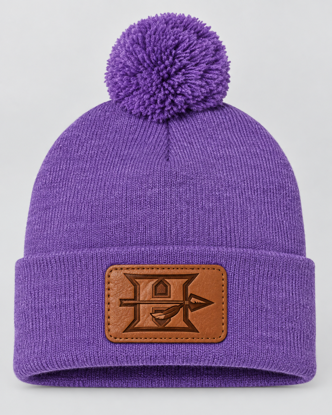 Hallsville Indians pom beanie, purple with leather patch logo - custom winter hat by McNail Creative Co, Centralia MO