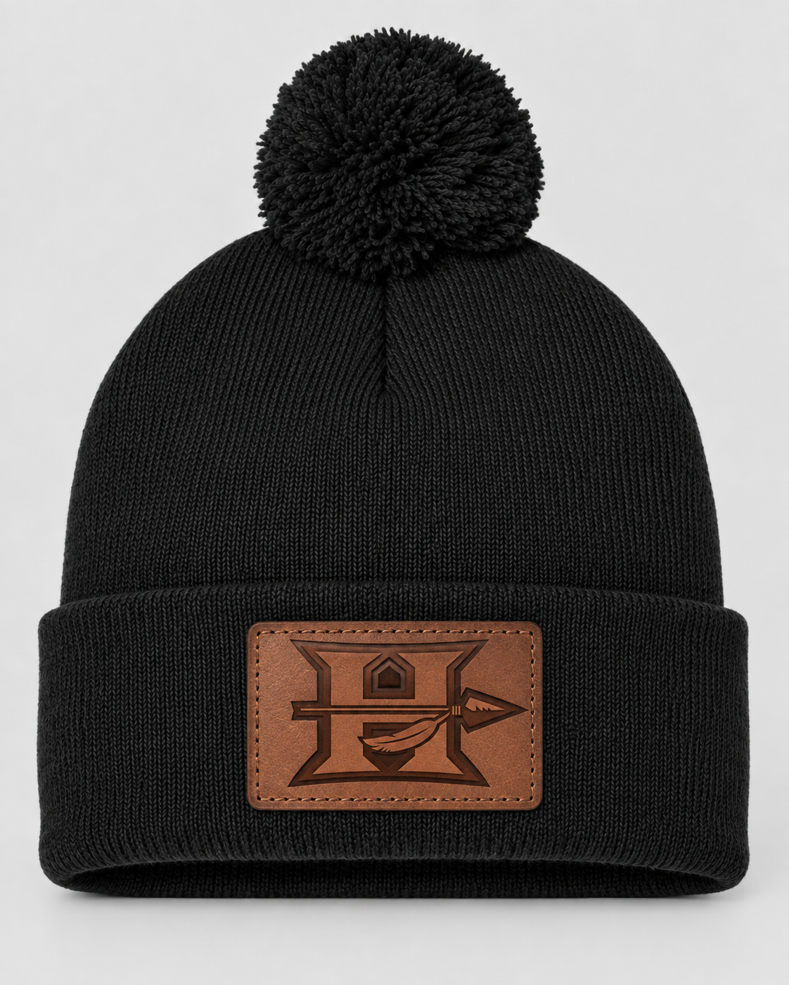 Hallsville Indians pom beanie, black with leather patch logo - custom winter hat by McNail Creative Co, Centralia MO