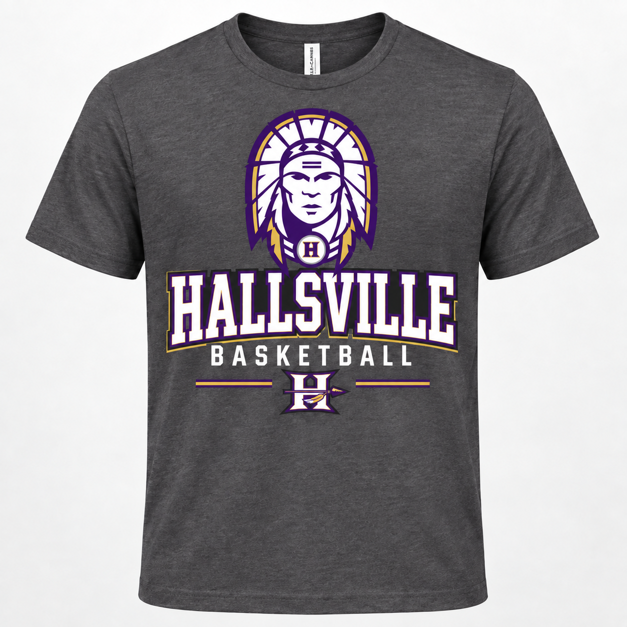 Hallsville Indians Basketball t-shirt, charcoal Bella+Canvas 3001 - custom apparel by McNail Creative Co, Centralia MO