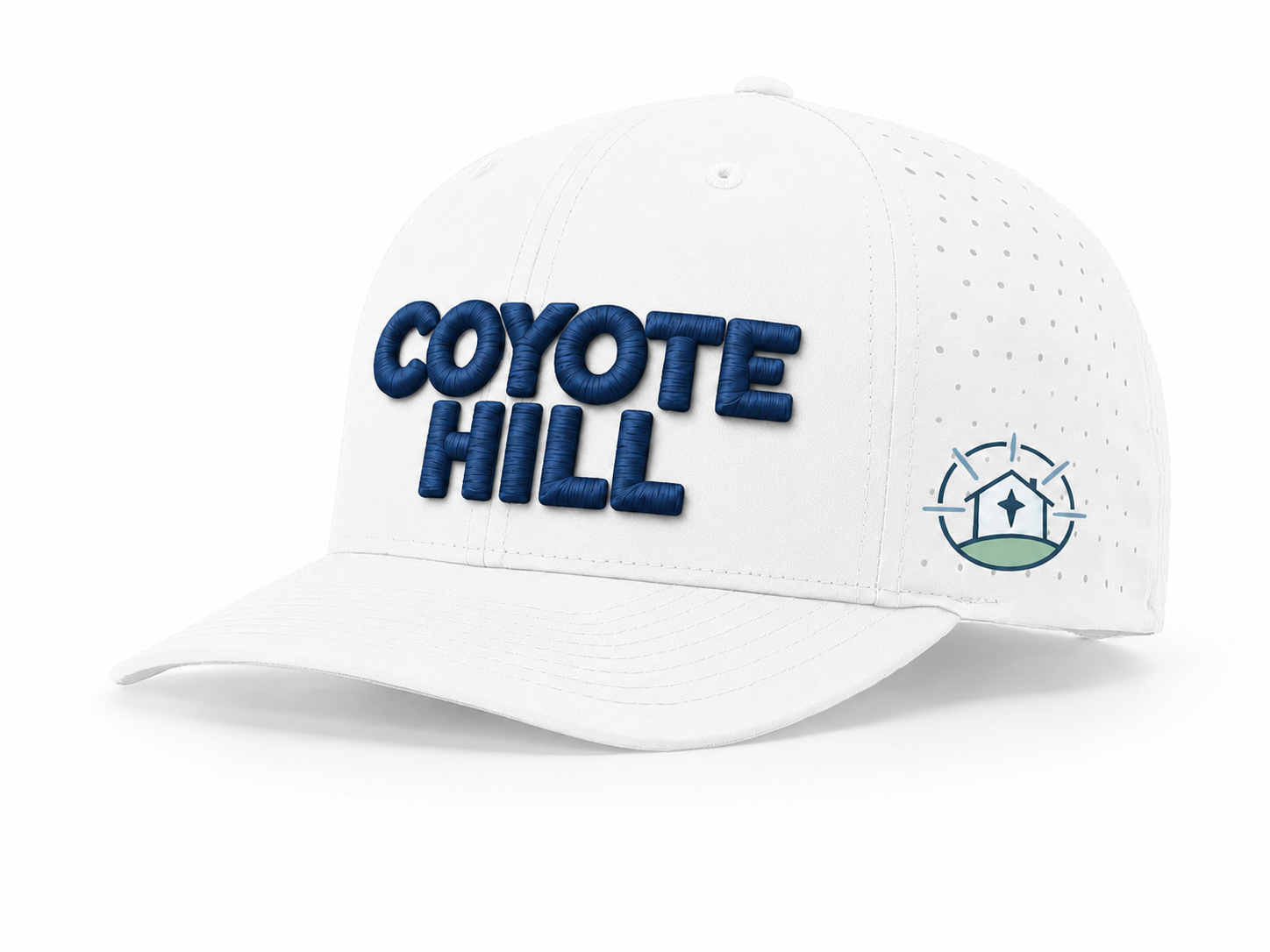 Coyote Hill Richardson 632 hat, white with 3D puff embroidered wordmark - custom embroidered hat by McNail Creative Co, Centralia MO
