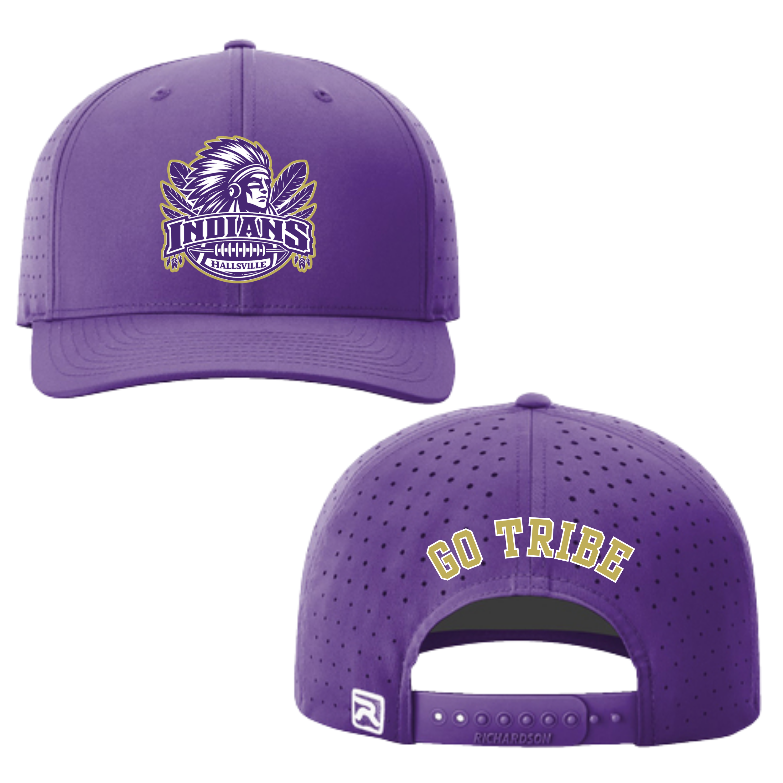 Hallsville Indians Football Richardson hat, purple with Design 3 Indians Football crest, GO TRIBE on back - McNail Creative Co