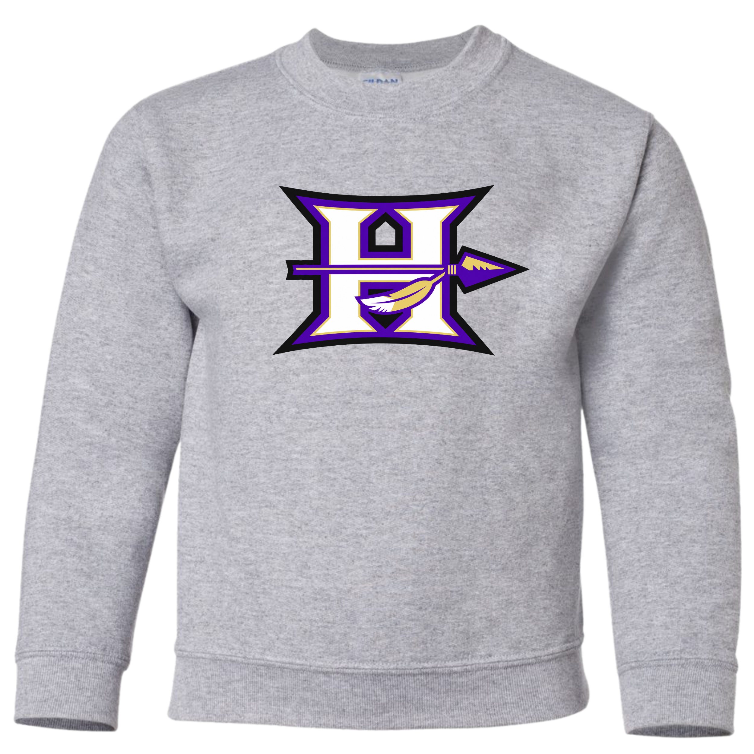 Hallsville Indians Football crewneck sweatshirt, light heather grey with Design 2 H spear logo - McNail Creative Co, Centralia MO