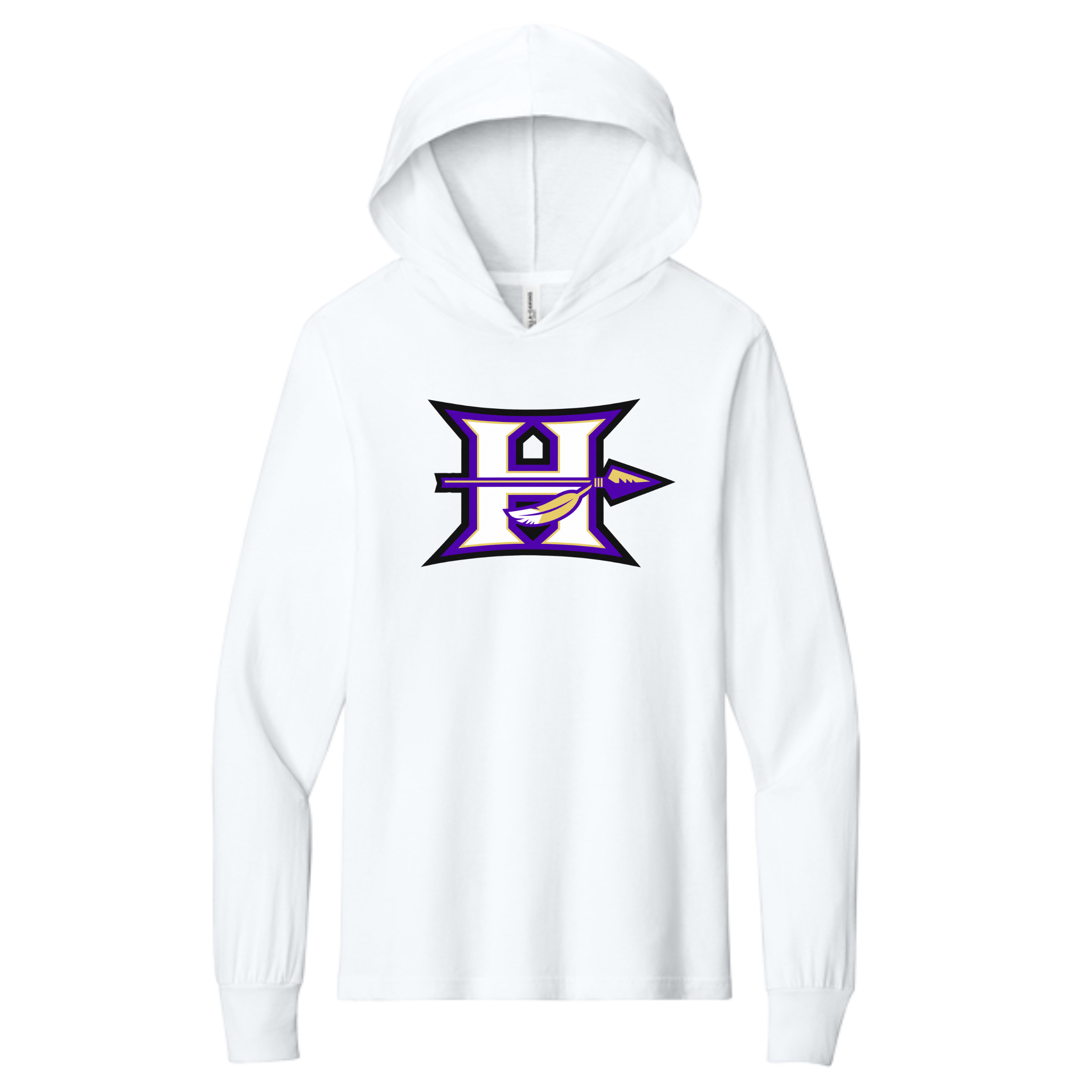 Hallsville Indians Football youth white hooded long sleeve tee, Design 2 H spear logo - custom printed by McNail Creative Co
